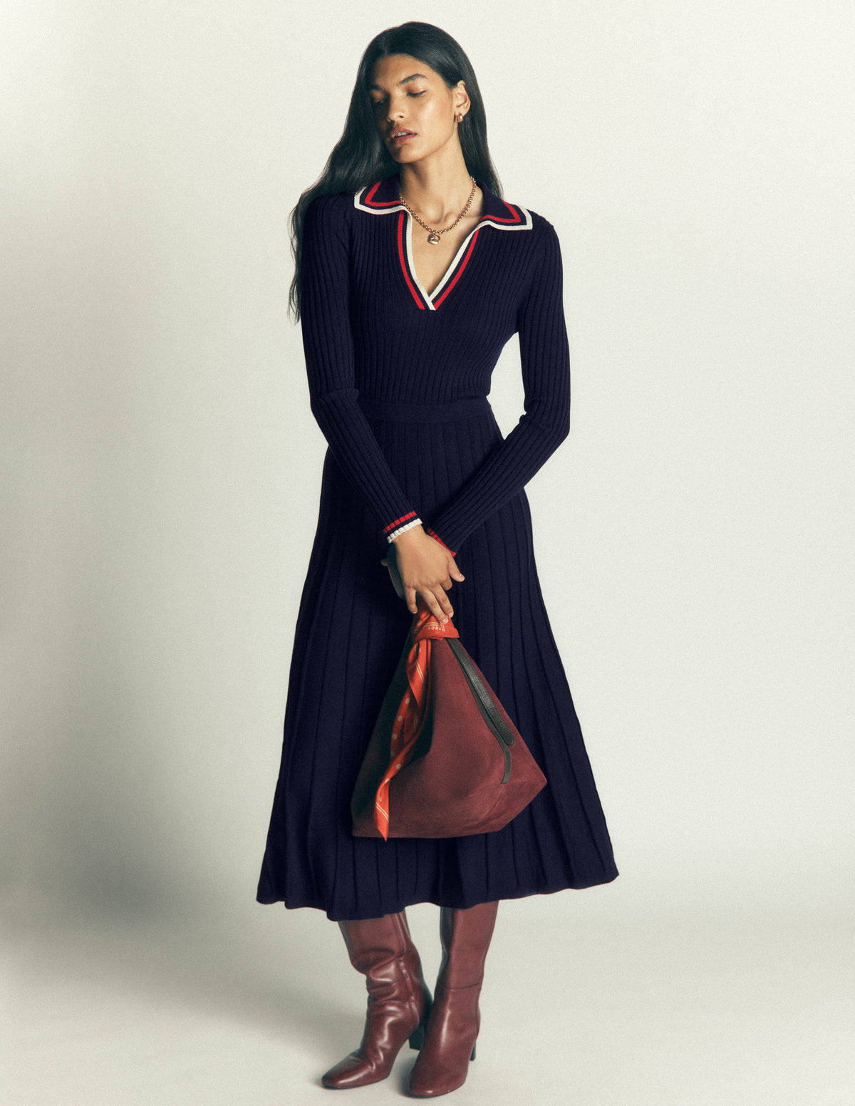 Ribbed Henley Knitted Dress-Navy-4