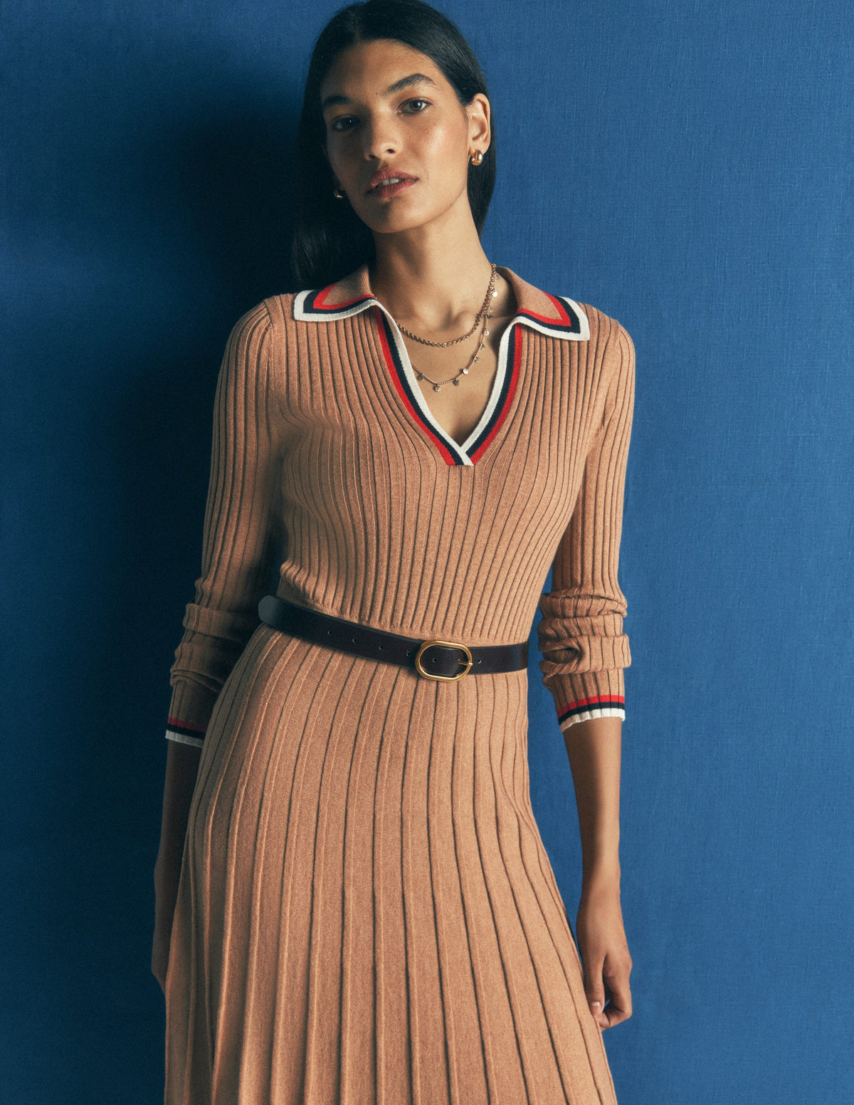 Ribbed Henley Knitted Dress-Camel Melange - Image 1