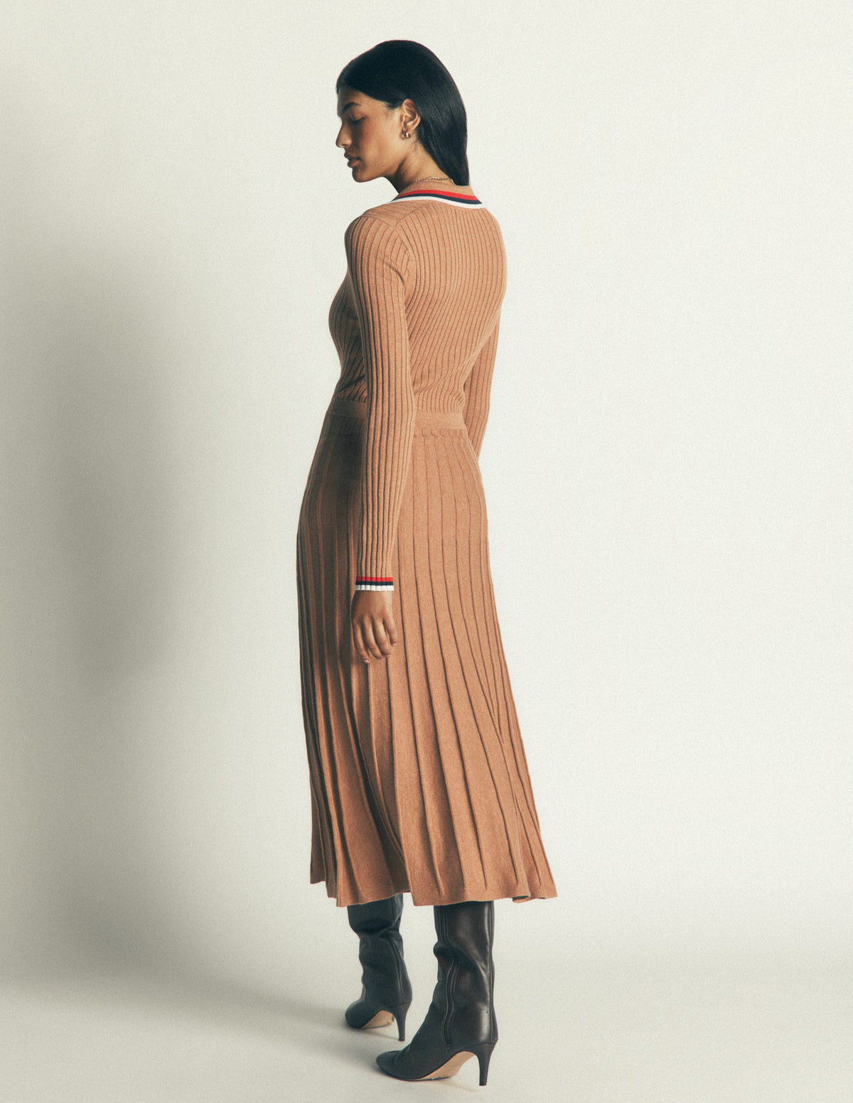 Ribbed Henley Knitted Dress-Camel Melange-4