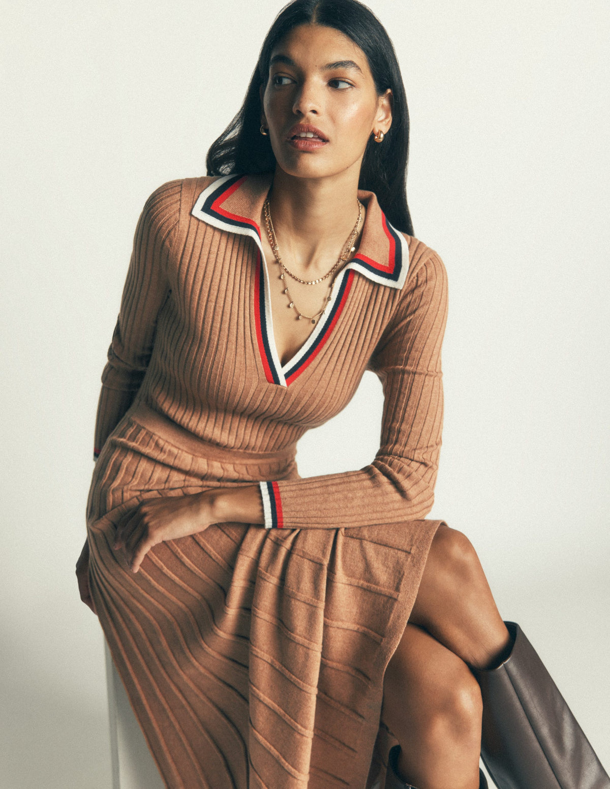 Ribbed Henley Knitted Dress-Camel Melange - Image 5