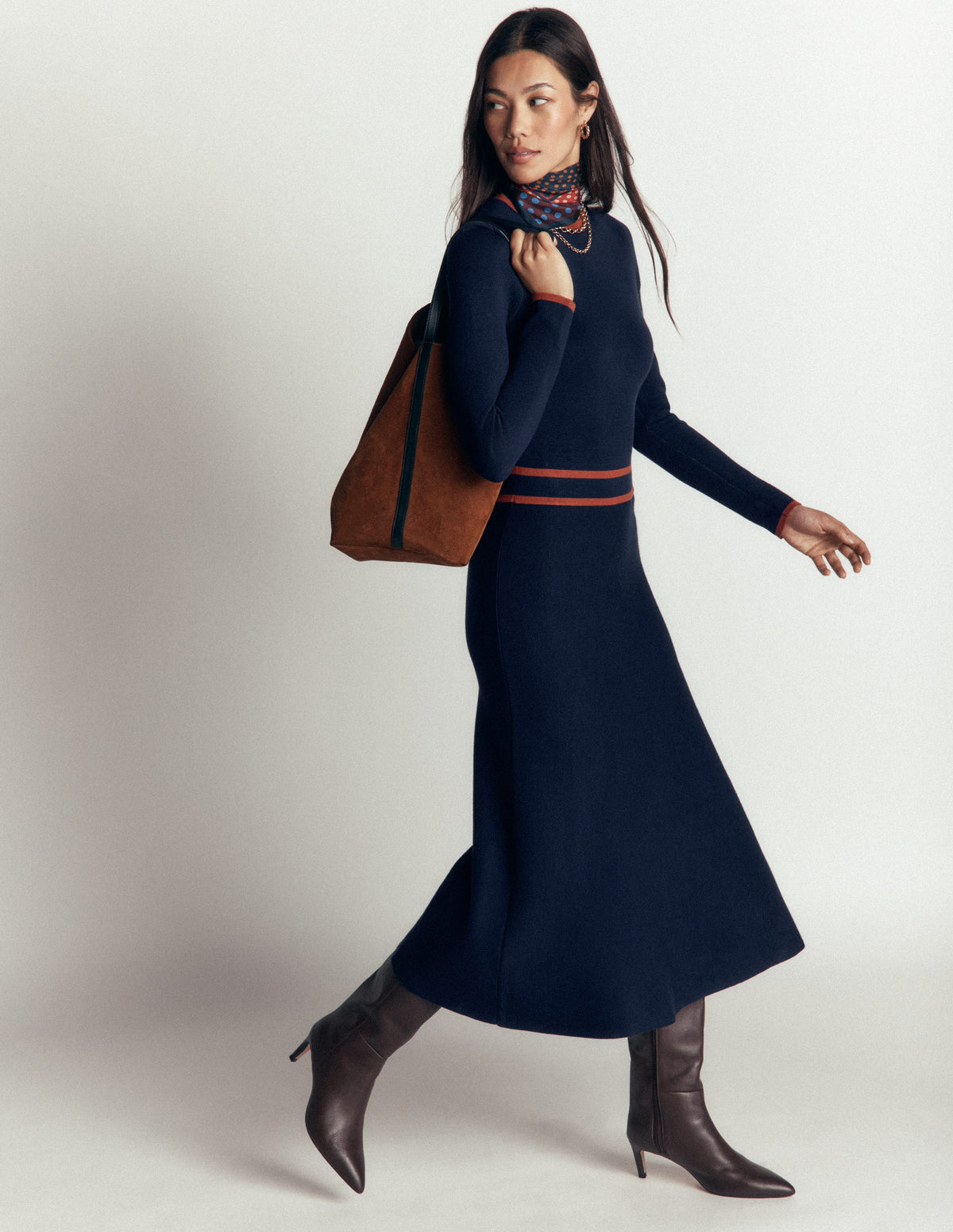 Contrast Tipped Knitted Dress-Navy-1