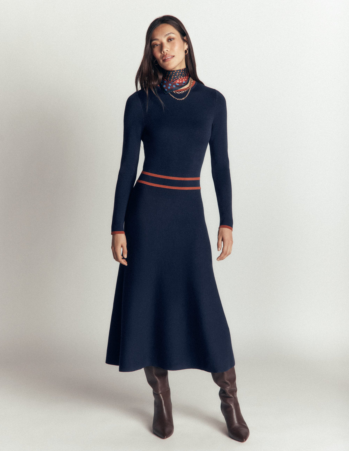 Contrast Tipped Knitted Dress-Navy-4