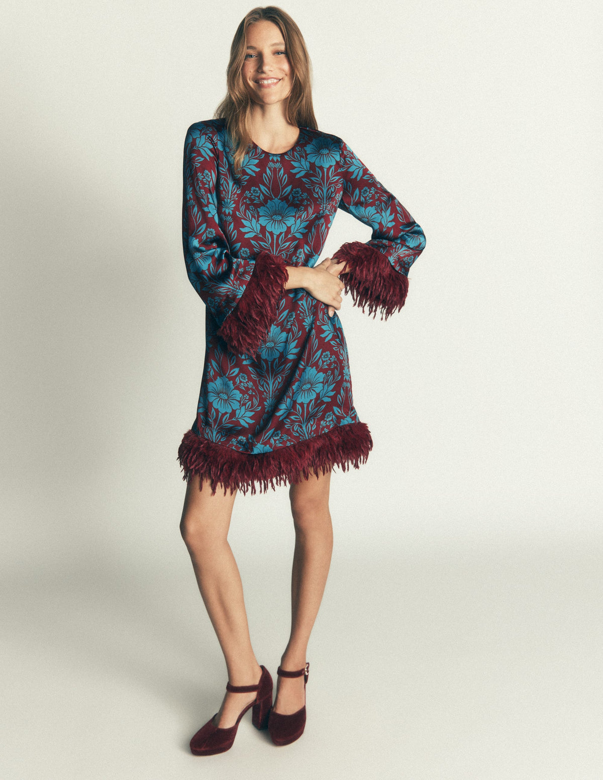 Faux Feather Satin Dress-Crystal Teal Flourishing Sprig - Image 3
