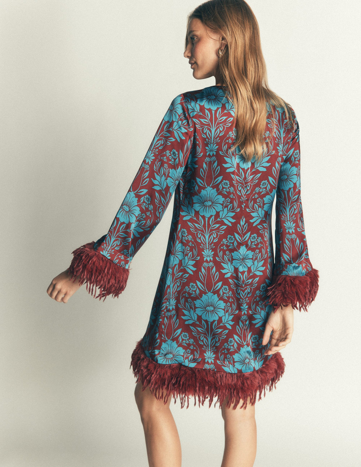 Faux Feather Satin Dress-Crystal Teal Flourishing Sprig - Image 4