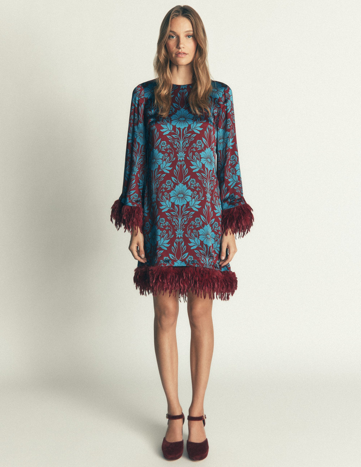 Faux Feather Satin Dress-Crystal Teal Flourishing Sprig-6