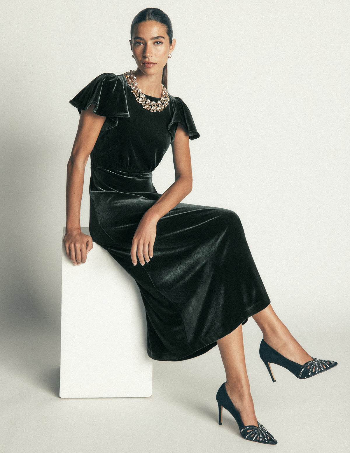 Draped Sleeve Velvet Dress-Scarab-5