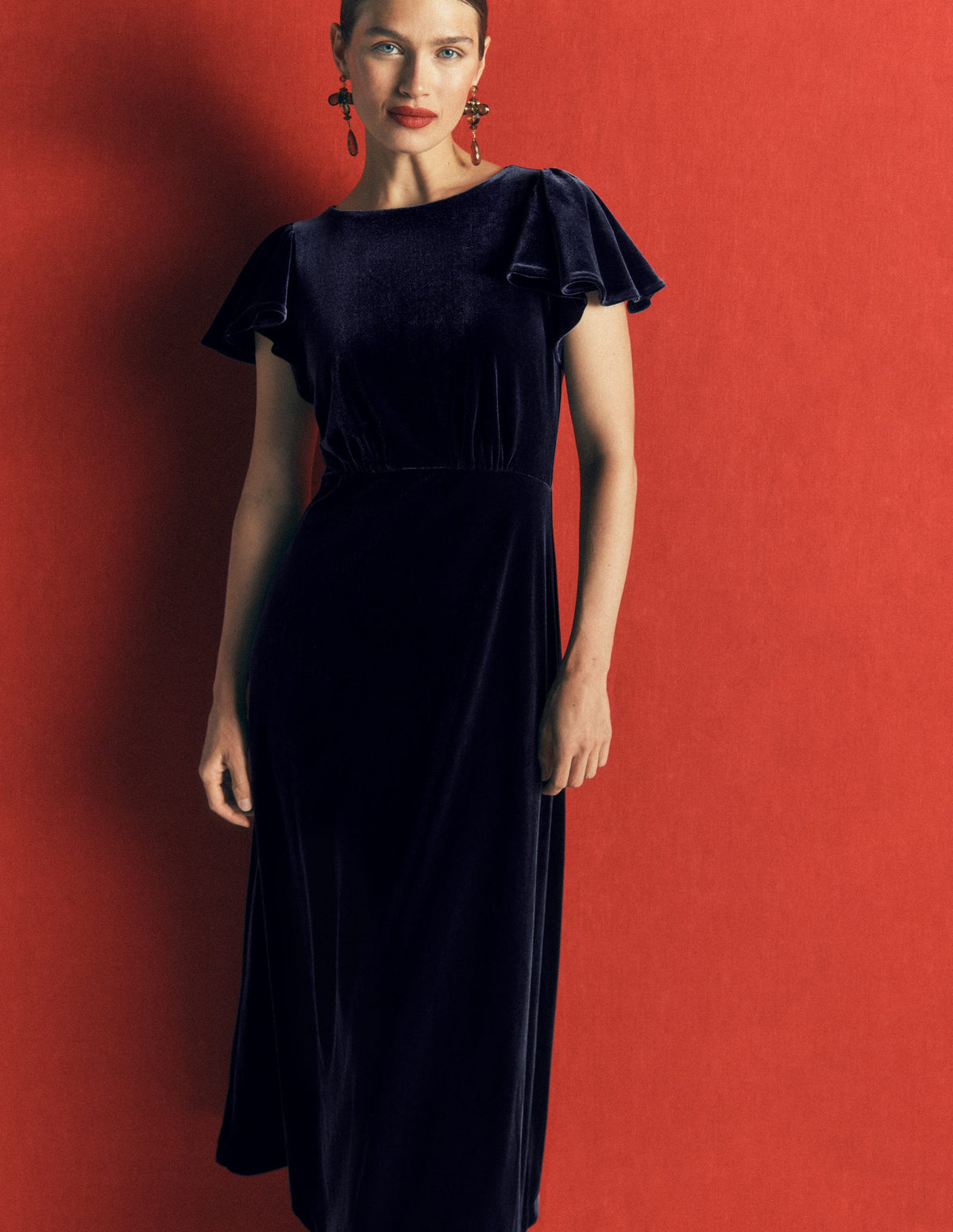 Draped Sleeve Velvet Dress-Navy-1
