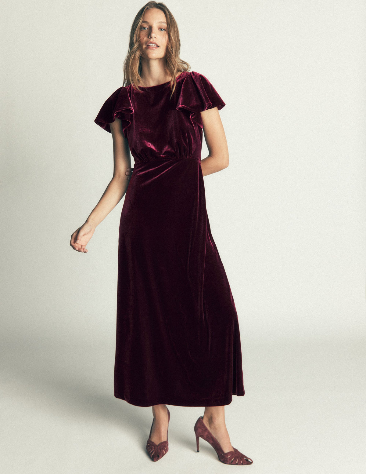 Draped Sleeve Velvet Dress-Dark Cherry - Image 1