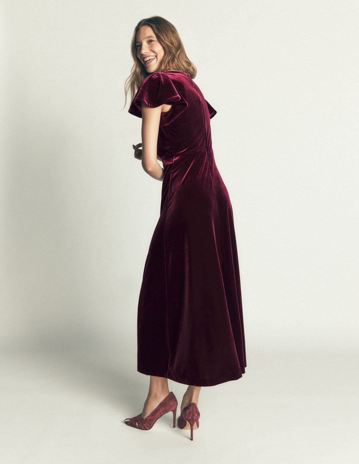 Draped Sleeve Velvet Dress-Dark Cherry - Image 3