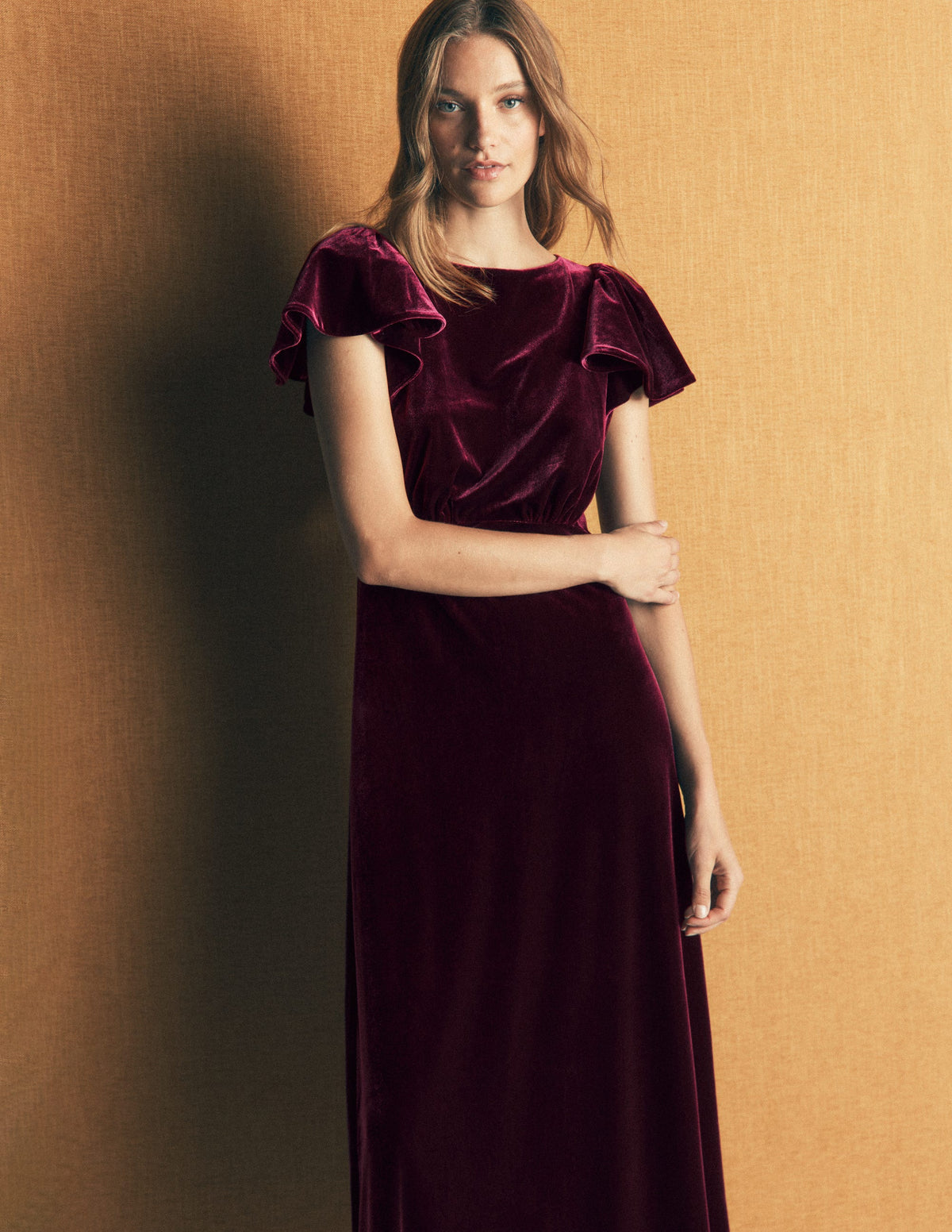 Draped Sleeve Velvet Dress-Dark Cherry - Image 4