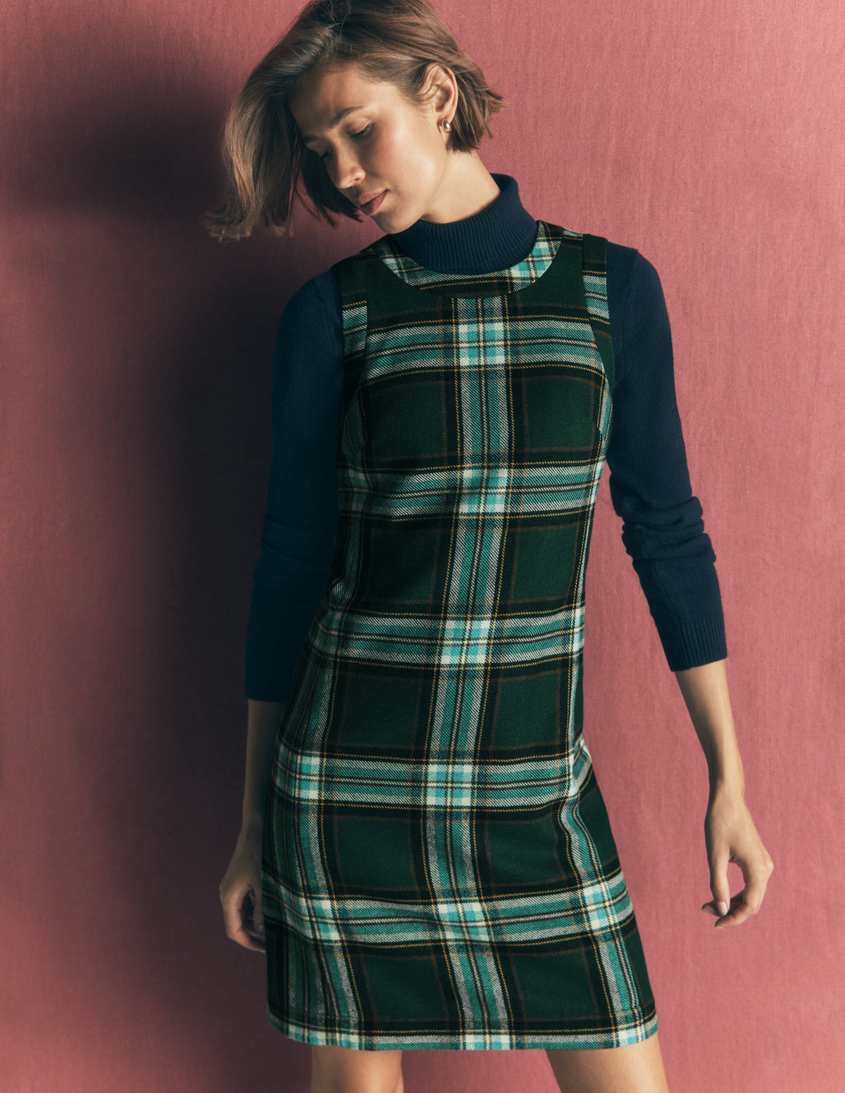 Lou Wool Check Shift Dress-Green, Navy and Teal Check - Image 5