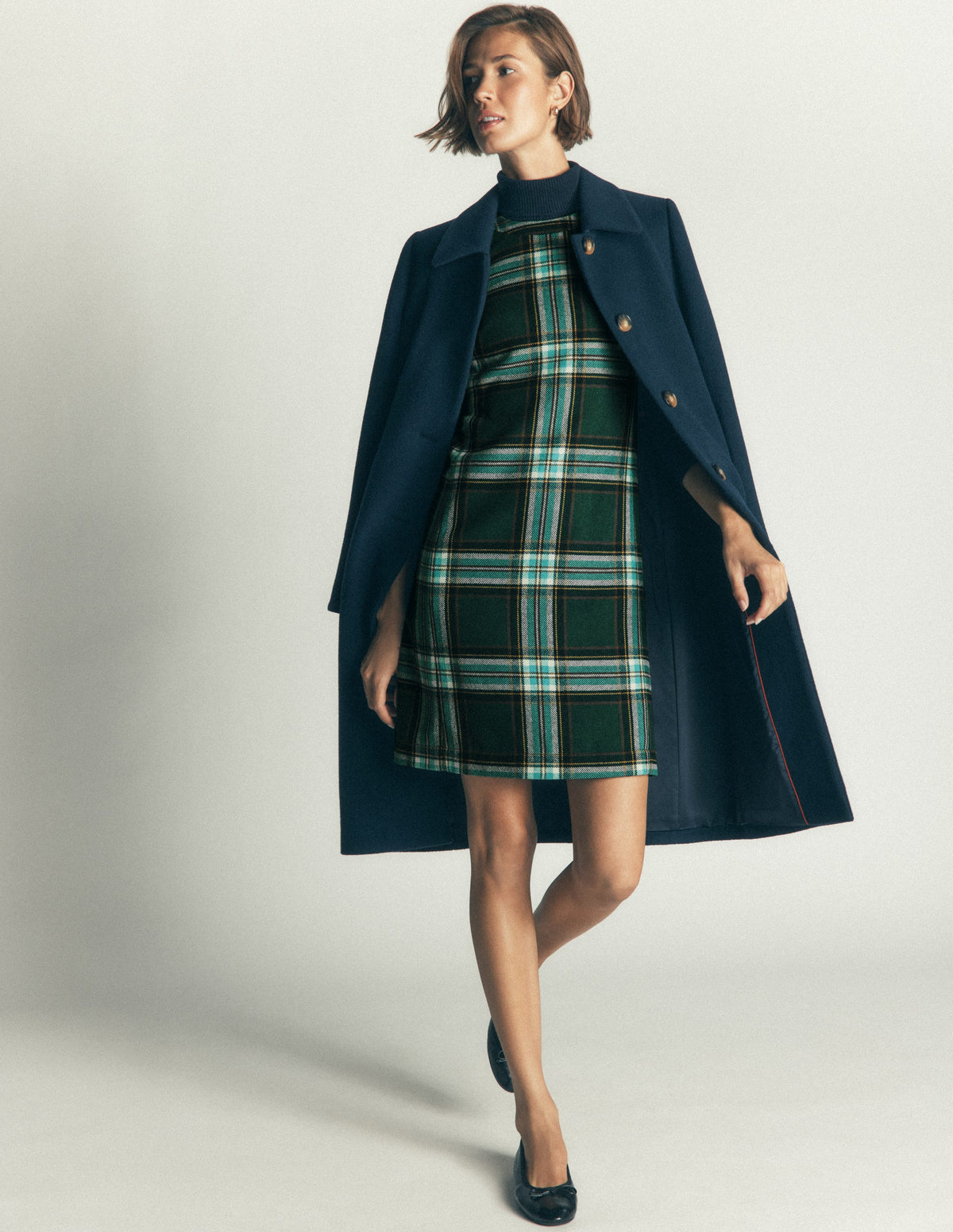 Lou Wool Check Shift Dress-Green, Navy and Teal Check-6