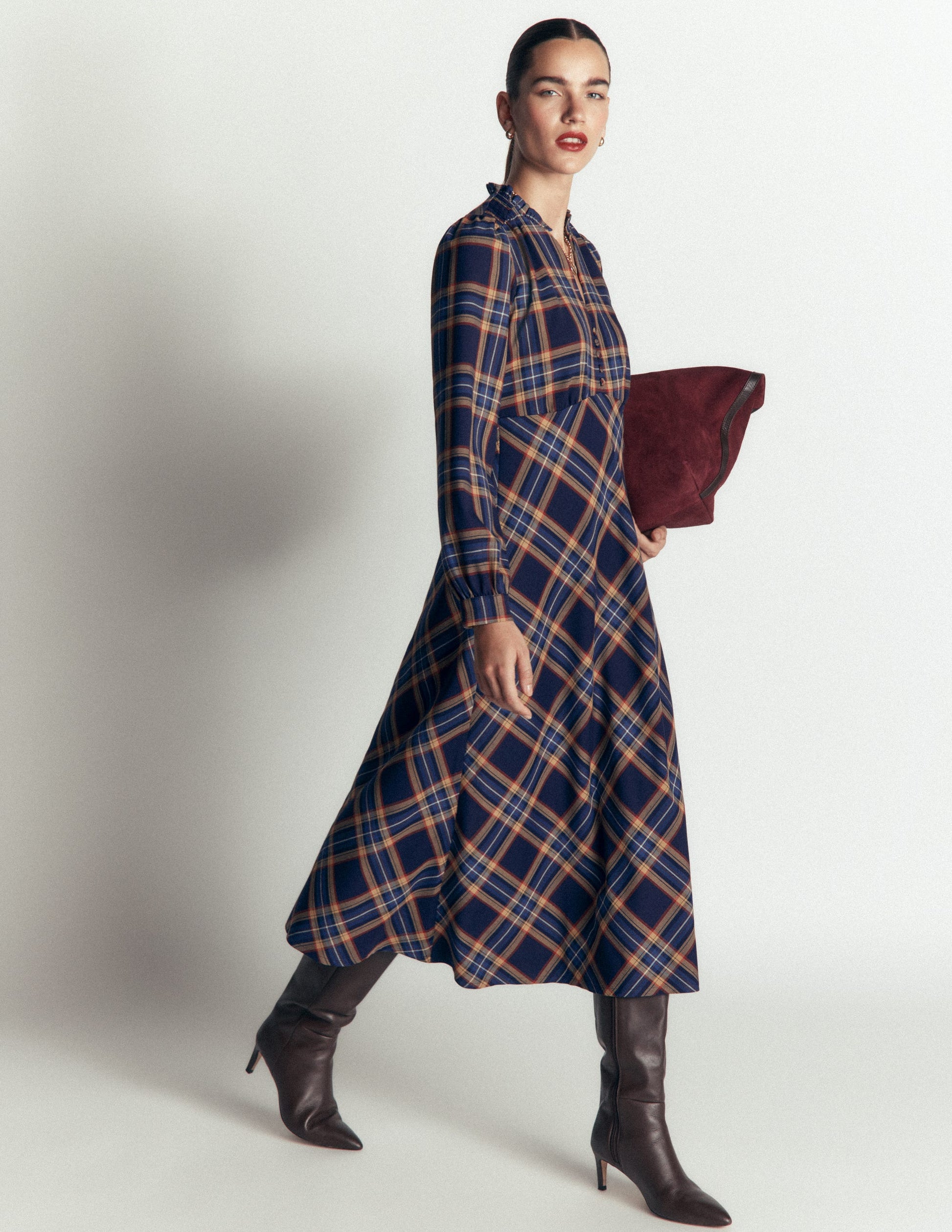 Cassie Checked Tea Dress-Navy and Camel Check-1