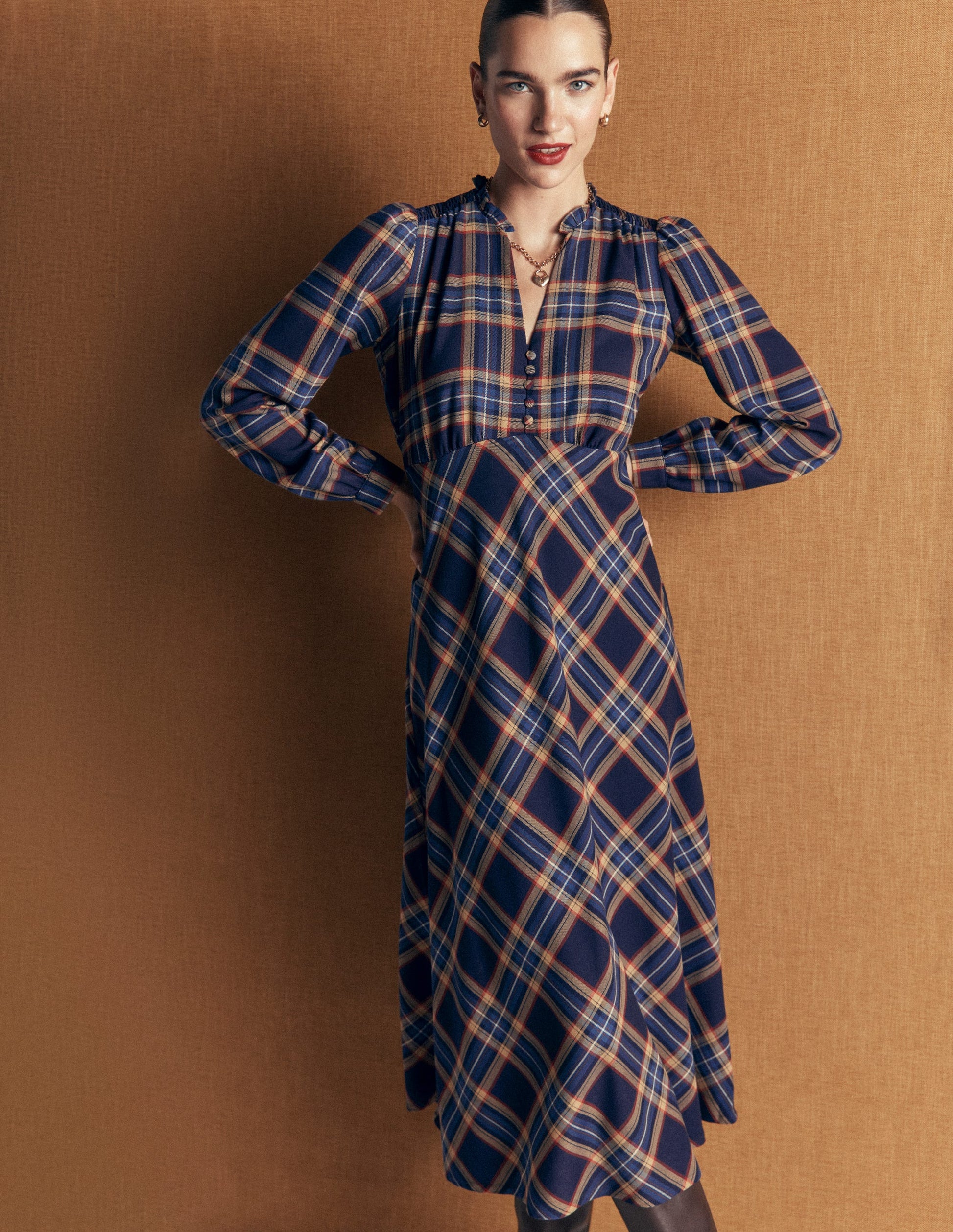 Cassie Checked Tea Dress-Navy and Camel Check-2