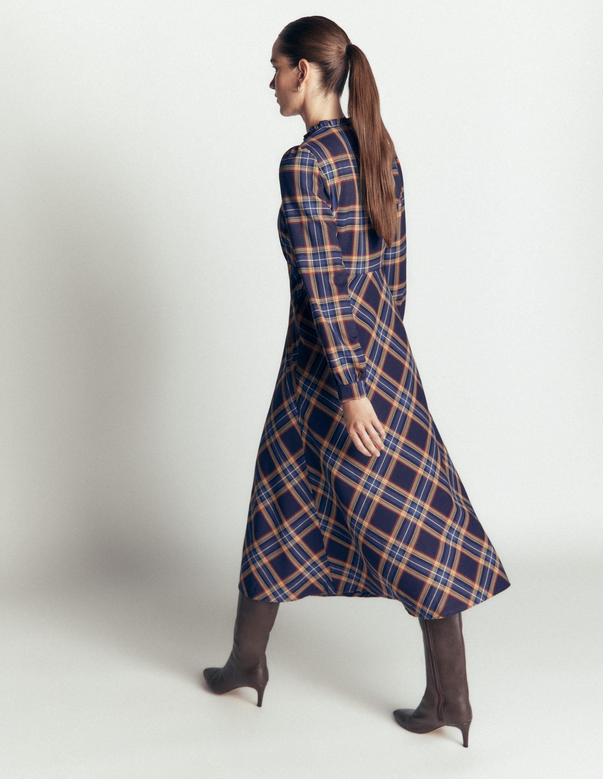 Cassie Checked Tea Dress-Navy and Camel Check - Image 3