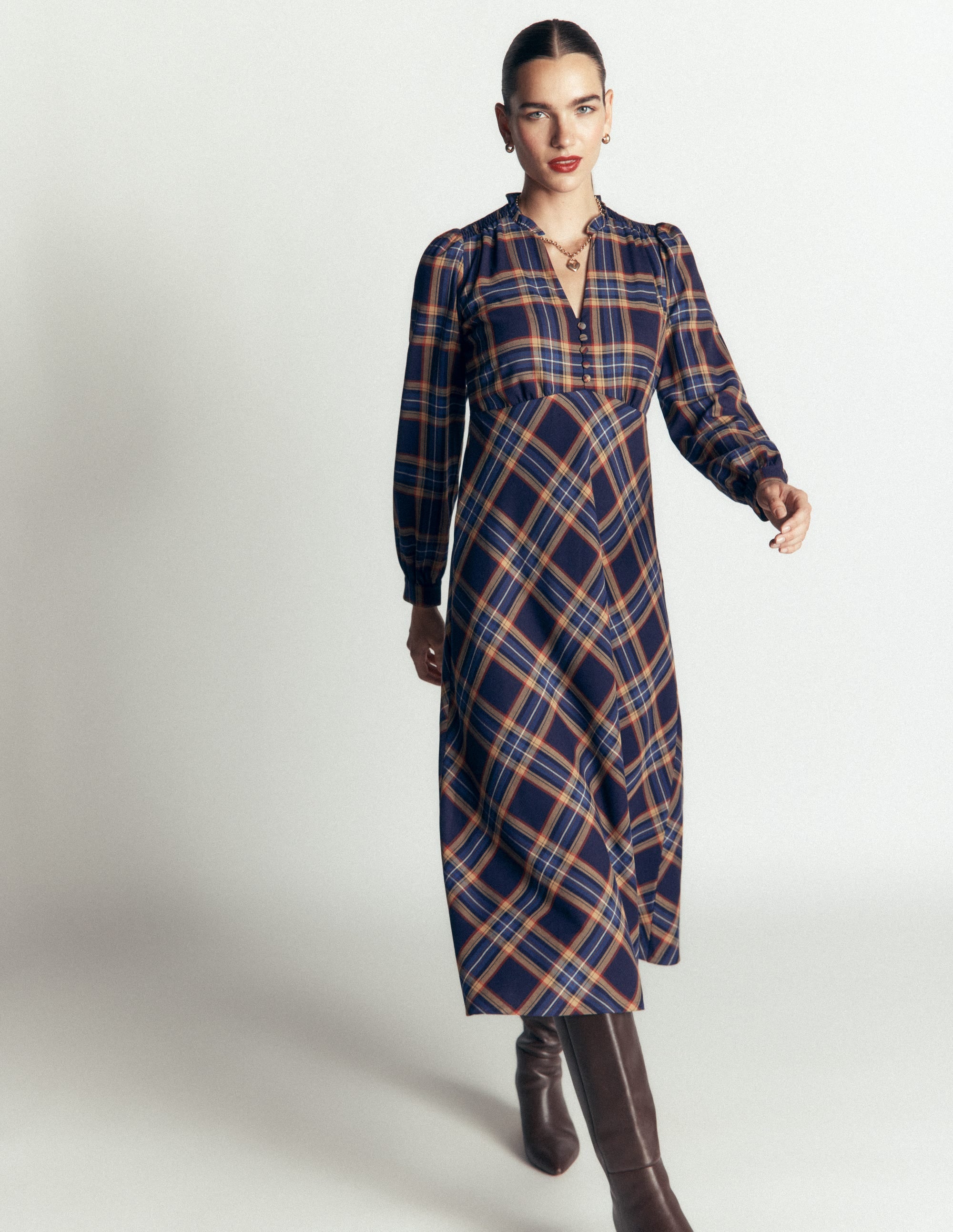 Cassie Checked Tea Dress-Navy and Camel Check - Image 4
