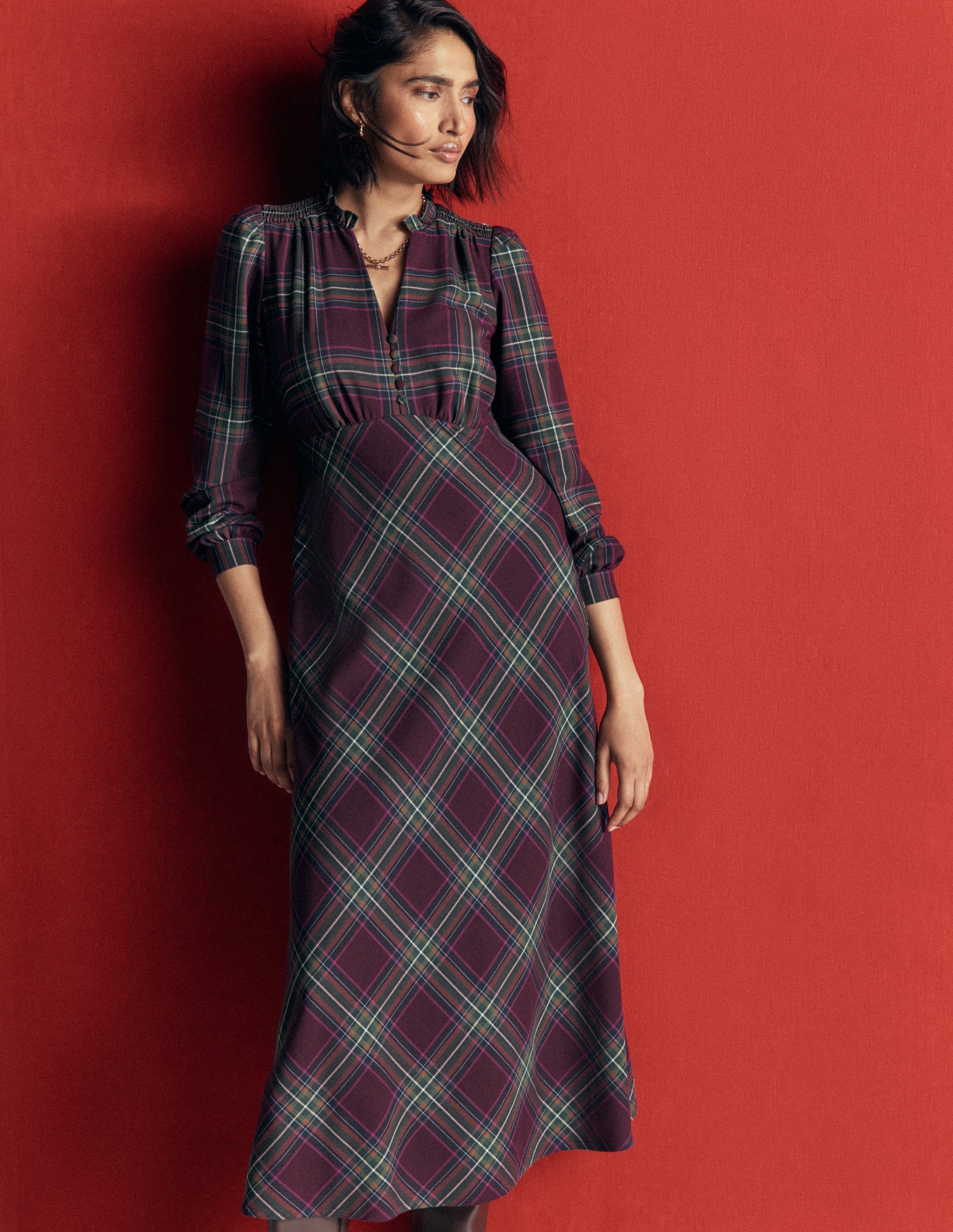 Cassie Checked Tea Dress-Maroon and Olive Check-3