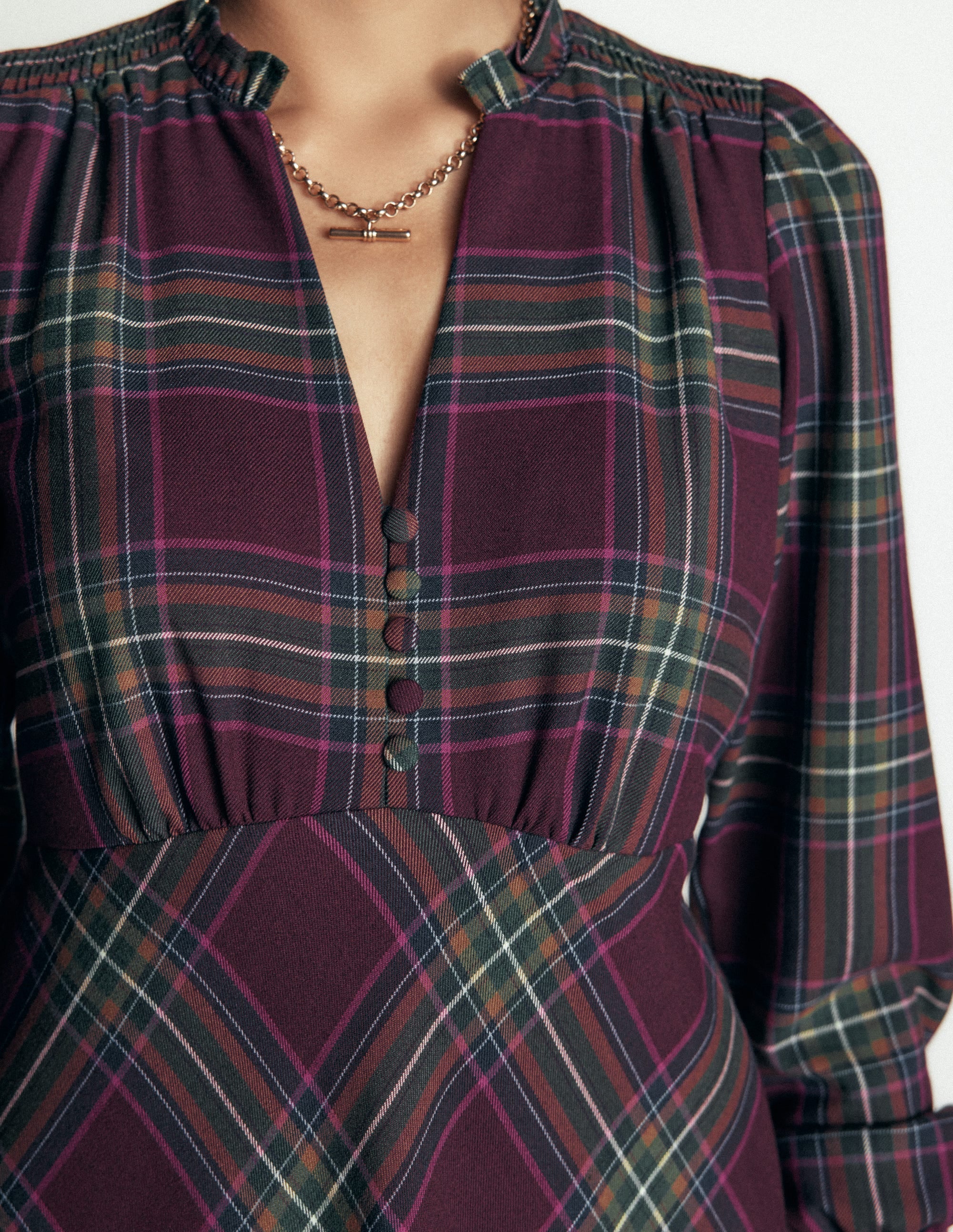 Cassie Checked Tea Dress-Maroon and Olive Check - Image 3