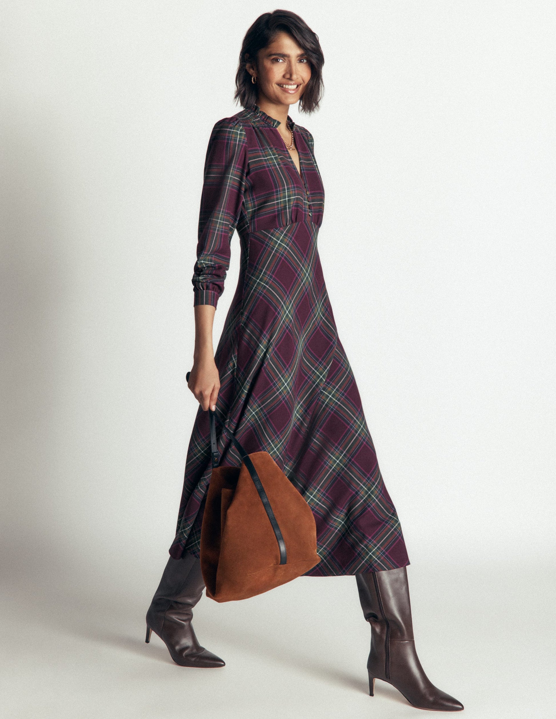 Cassie Checked Tea Dress-Maroon and Olive Check-6