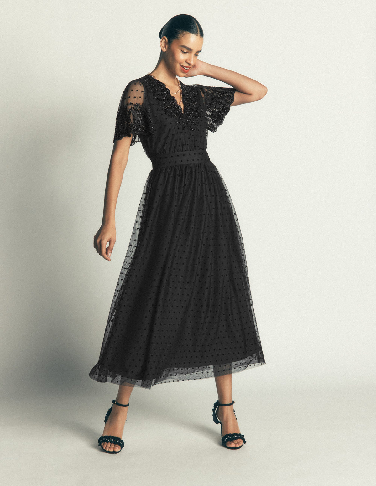 Embroidered Tulle Maxi Dress-Black-1