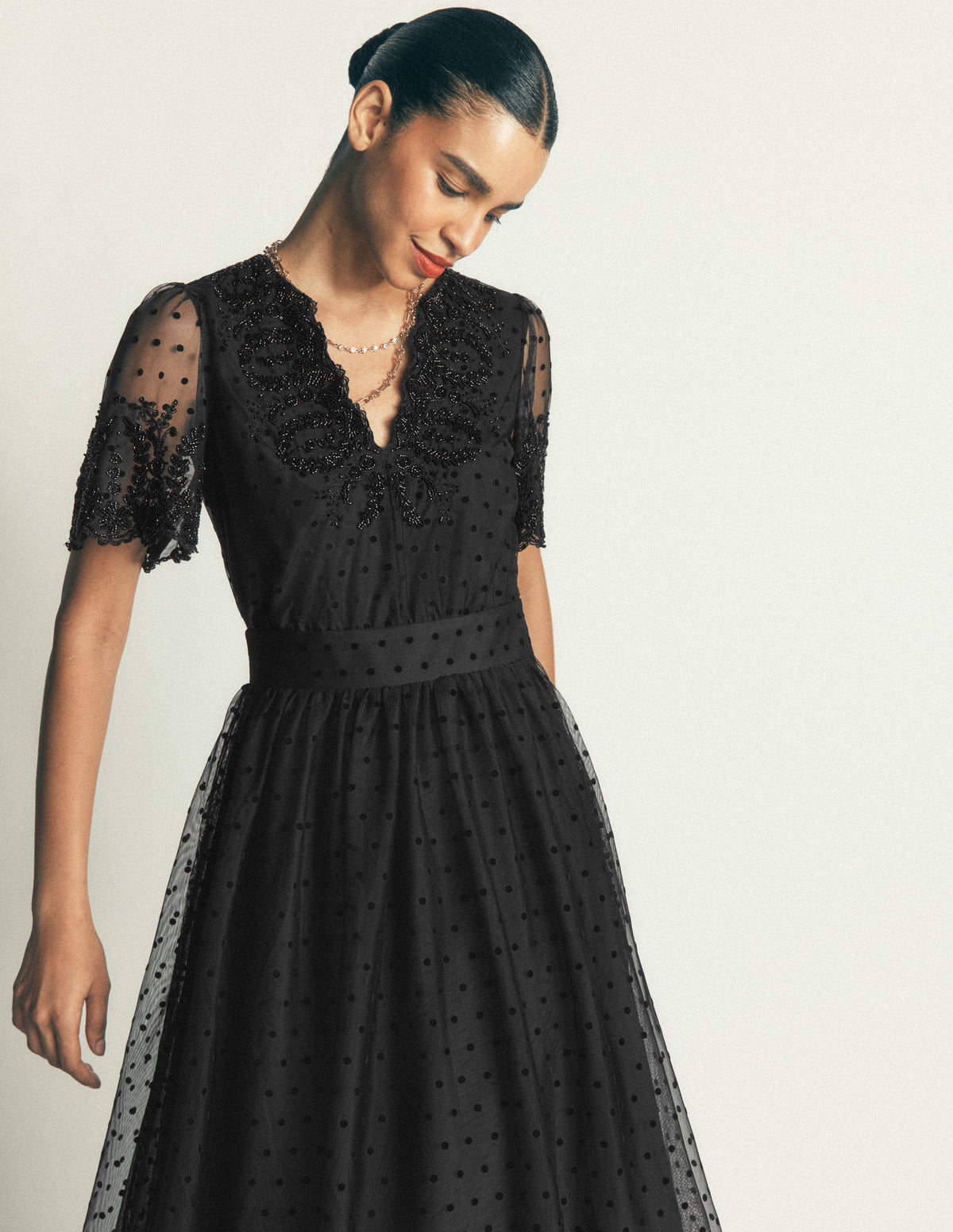 Embroidered Tulle Maxi Dress-Black - Image 5