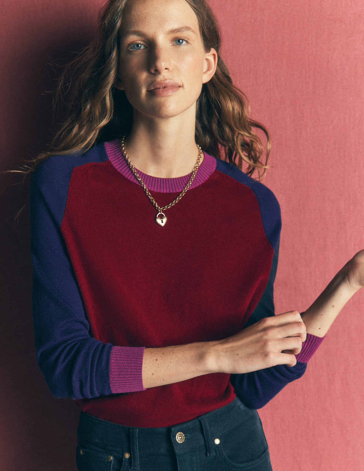 Meg Raglan Sleeve Jumper-Merlot, Colour Block - Image 1