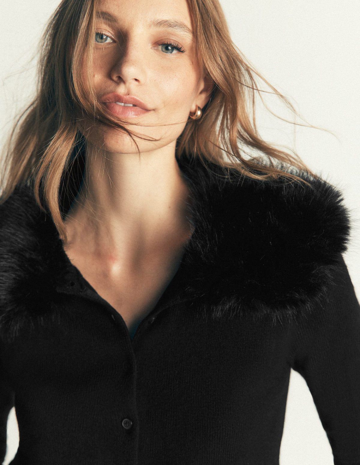 Fur Collar Cropped Cardigan-Black - Image 2