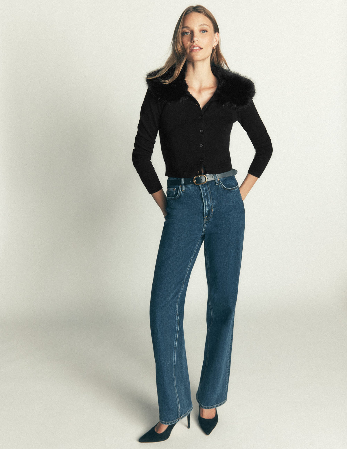 Fur Collar Cropped Cardigan-Black - Image 4