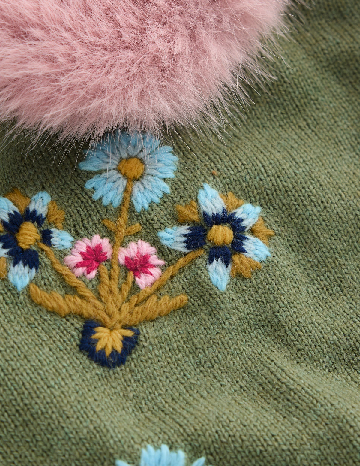 Fur Collar Cropped Cardigan-Laurel Green, Embroidered-9