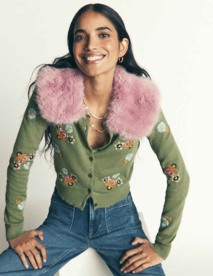 Fur Collar Cropped Cardigan-Laurel Green, Embroidered