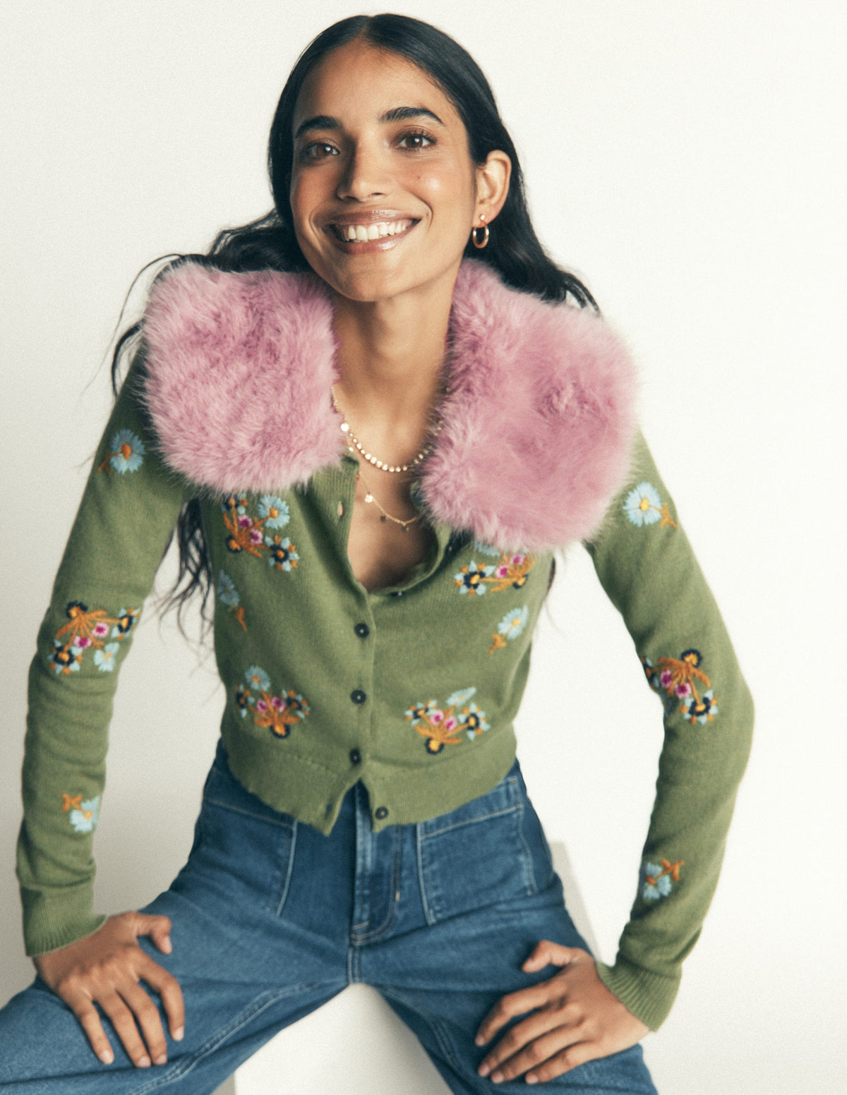Fur Collar Cropped Cardigan-Laurel Green, Embroidered-1