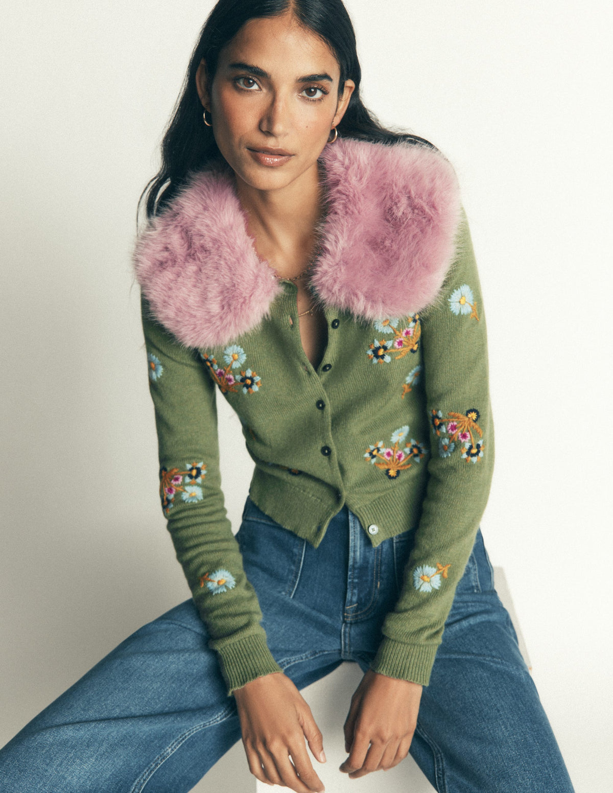 Fur Collar Cropped Cardigan-Laurel Green, Embroidered - Image 2