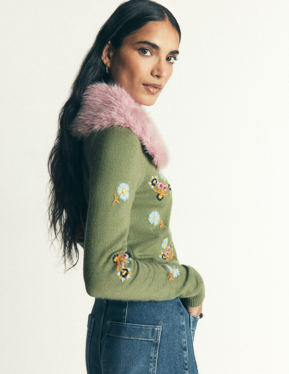 Fur Collar Cropped Cardigan-Laurel Green, Embroidered - Image 3