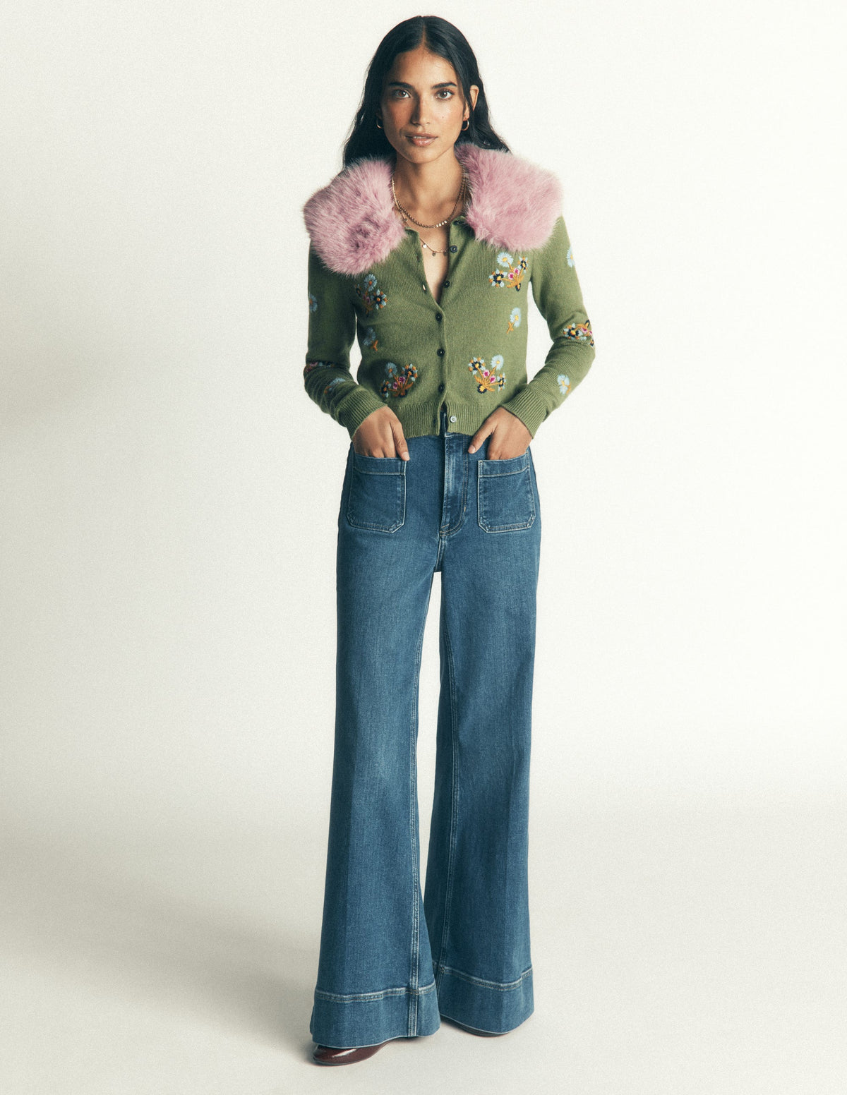Fur Collar Cropped Cardigan-Laurel Green, Embroidered-4