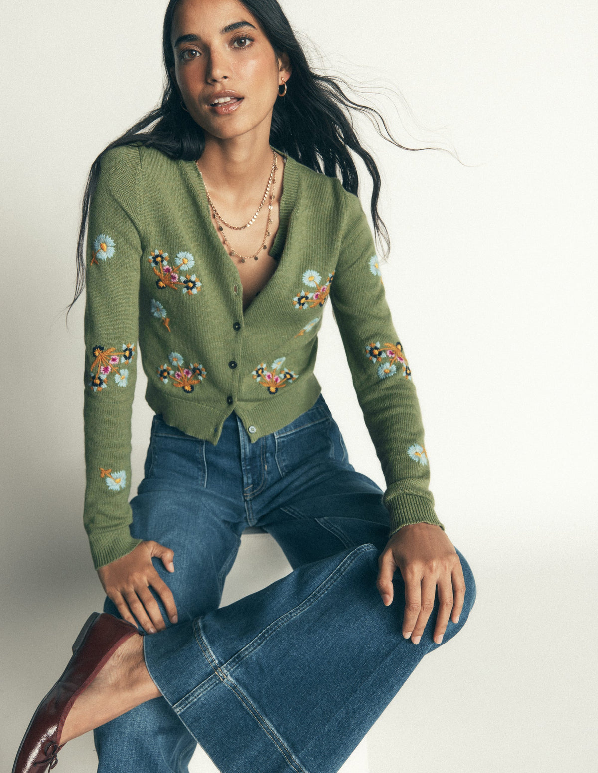 Fur Collar Cropped Cardigan-Laurel Green, Embroidered - Image 5