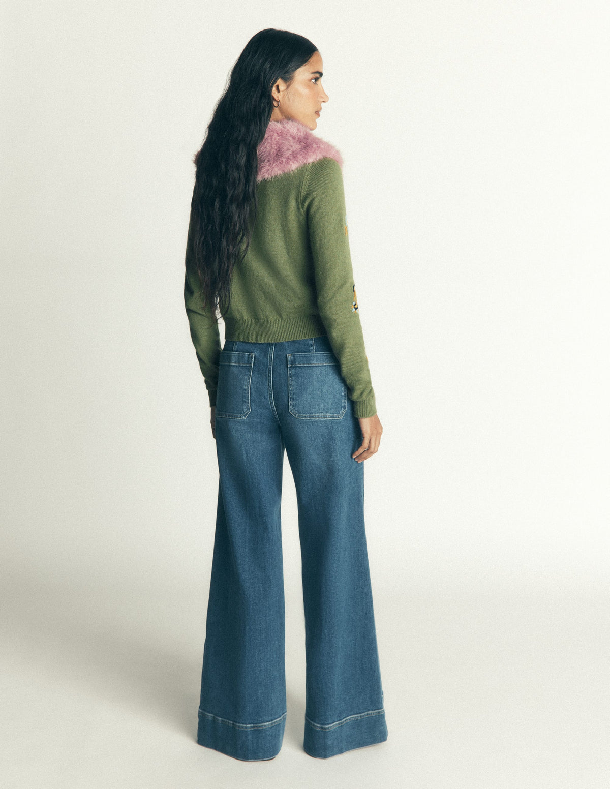 Fur Collar Cropped Cardigan-Laurel Green, Embroidered-6