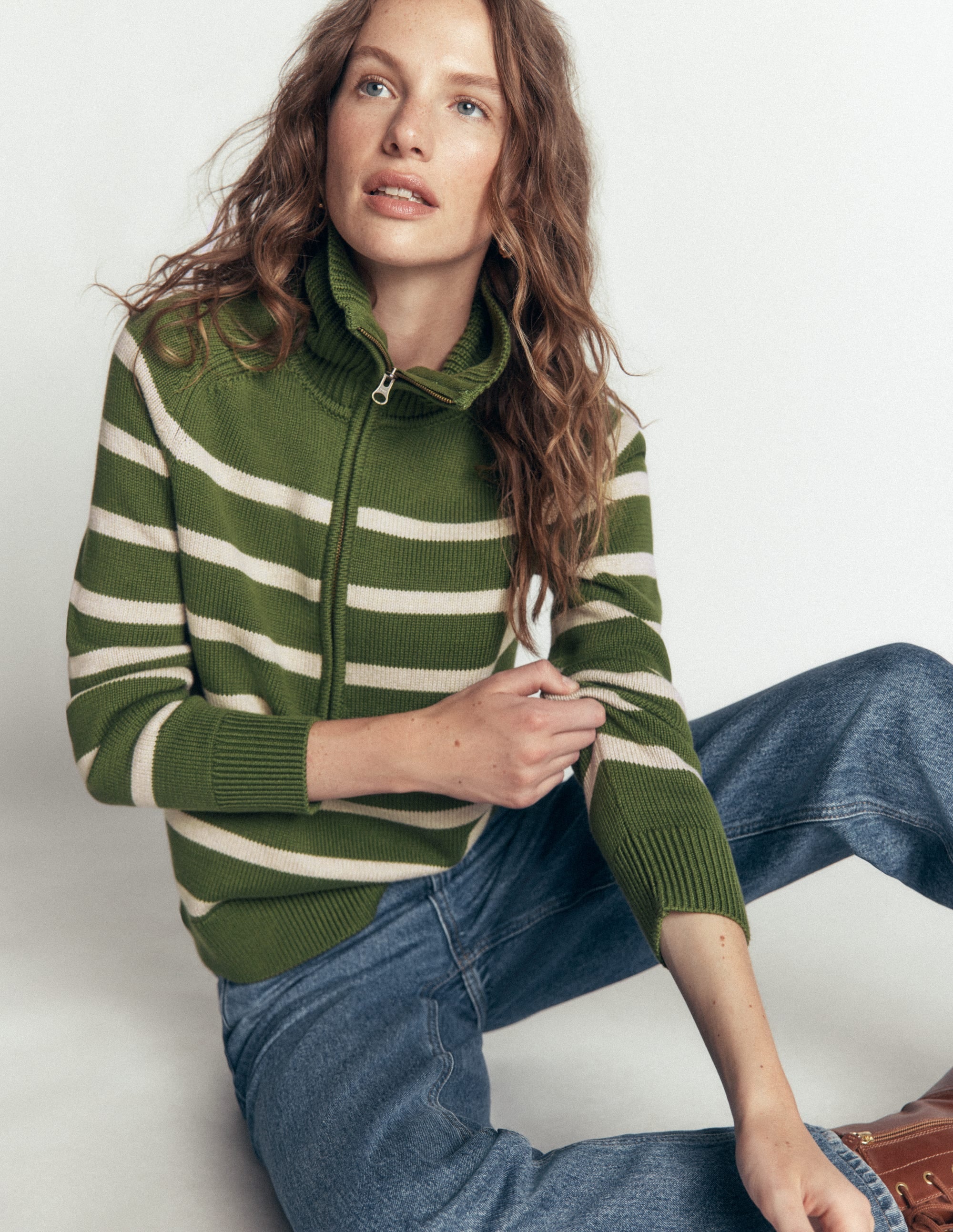 Lucy Half Zip Jumper-Green Stripe - Image 1