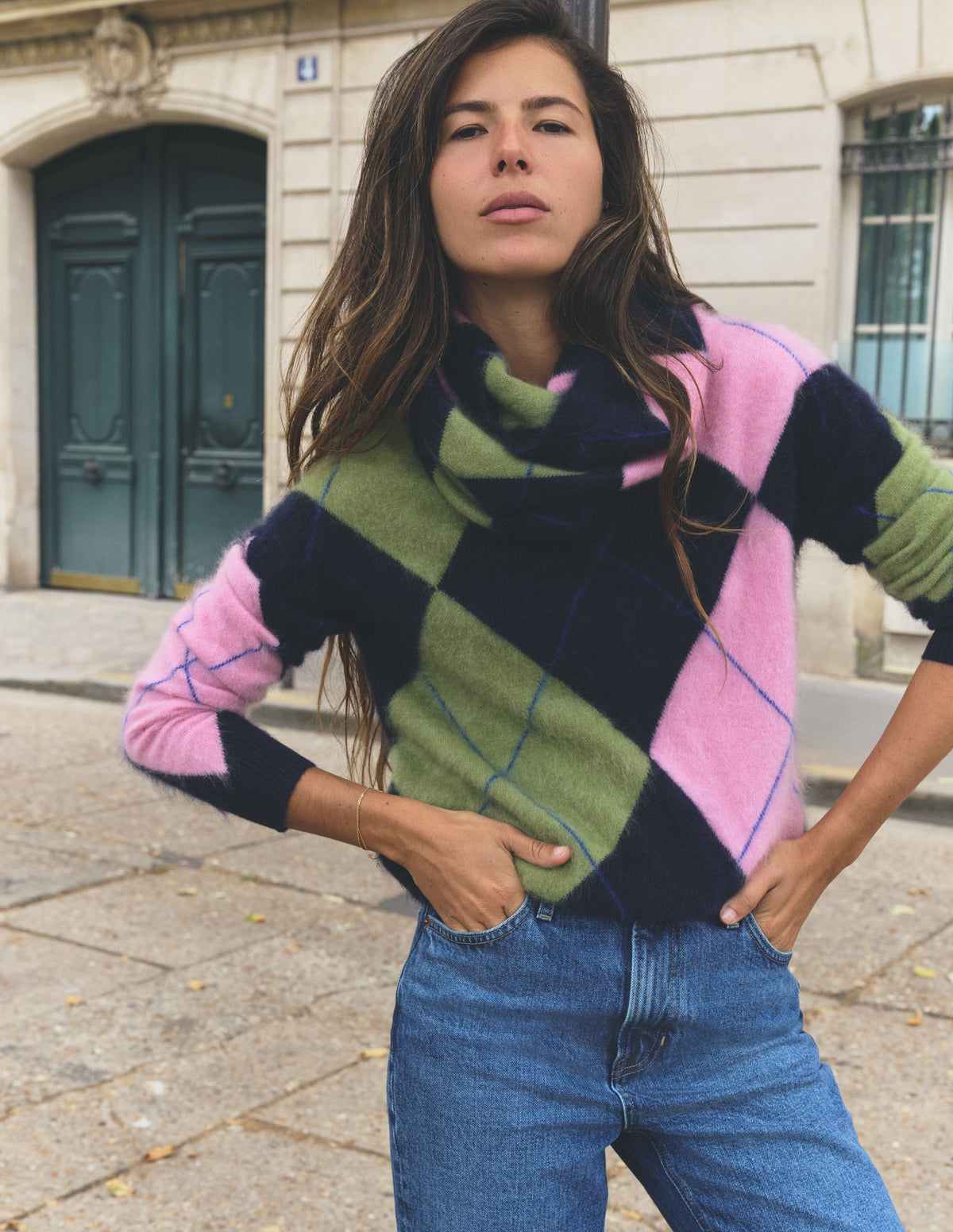 Kat Brushed Cashmere Jumper-Navy, Pink, Green Argyle - Image 1
