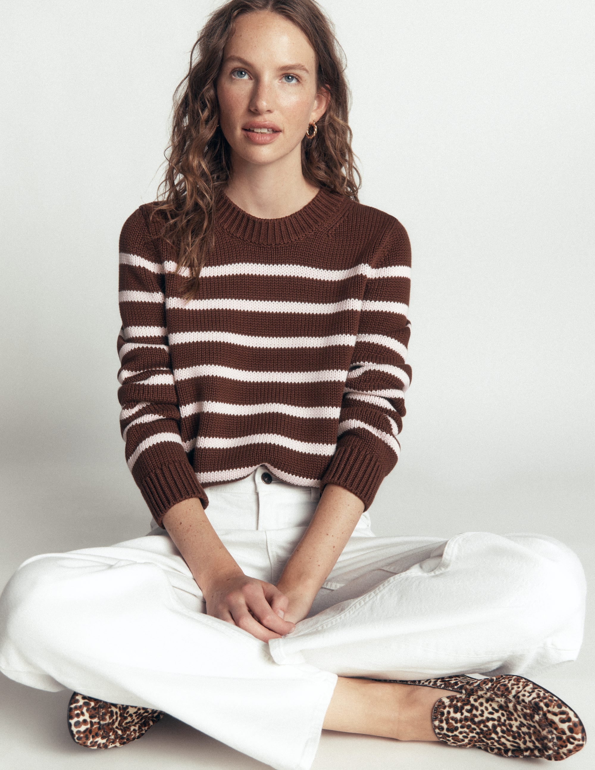 Lucy Chunky Cotton Jumper-brown, ivory stripe - Image 1