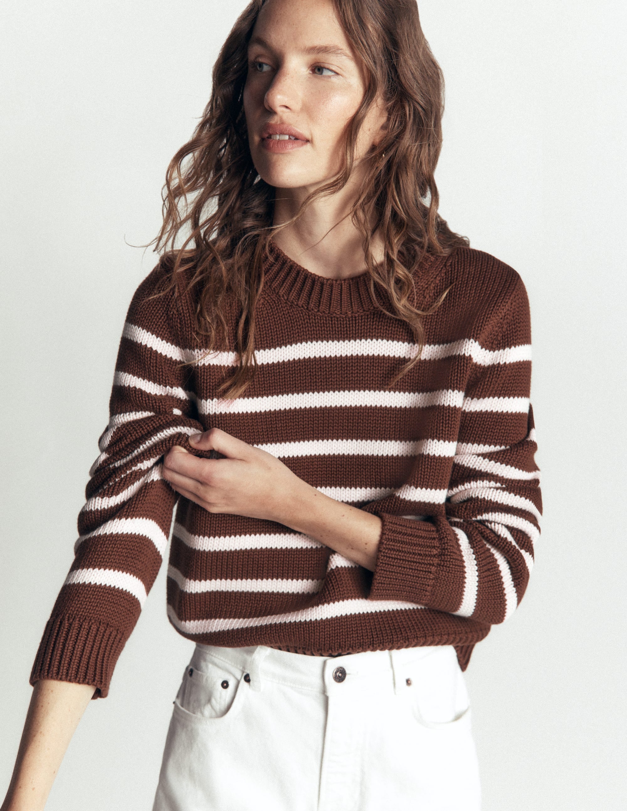 Lucy Chunky Cotton Jumper-brown, ivory stripe - Image 2