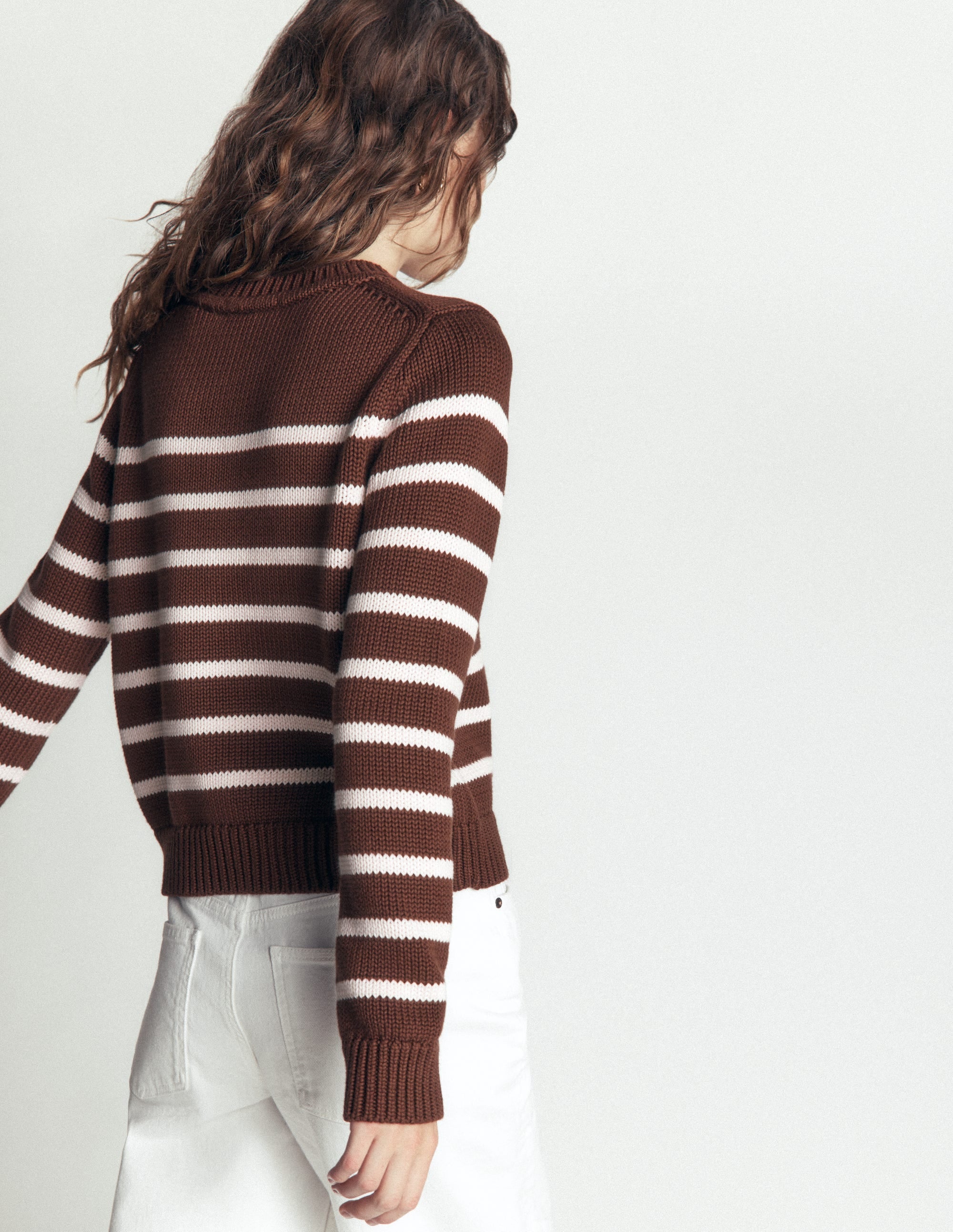 Lucy Chunky Cotton Jumper-brown, ivory stripe - Image 3