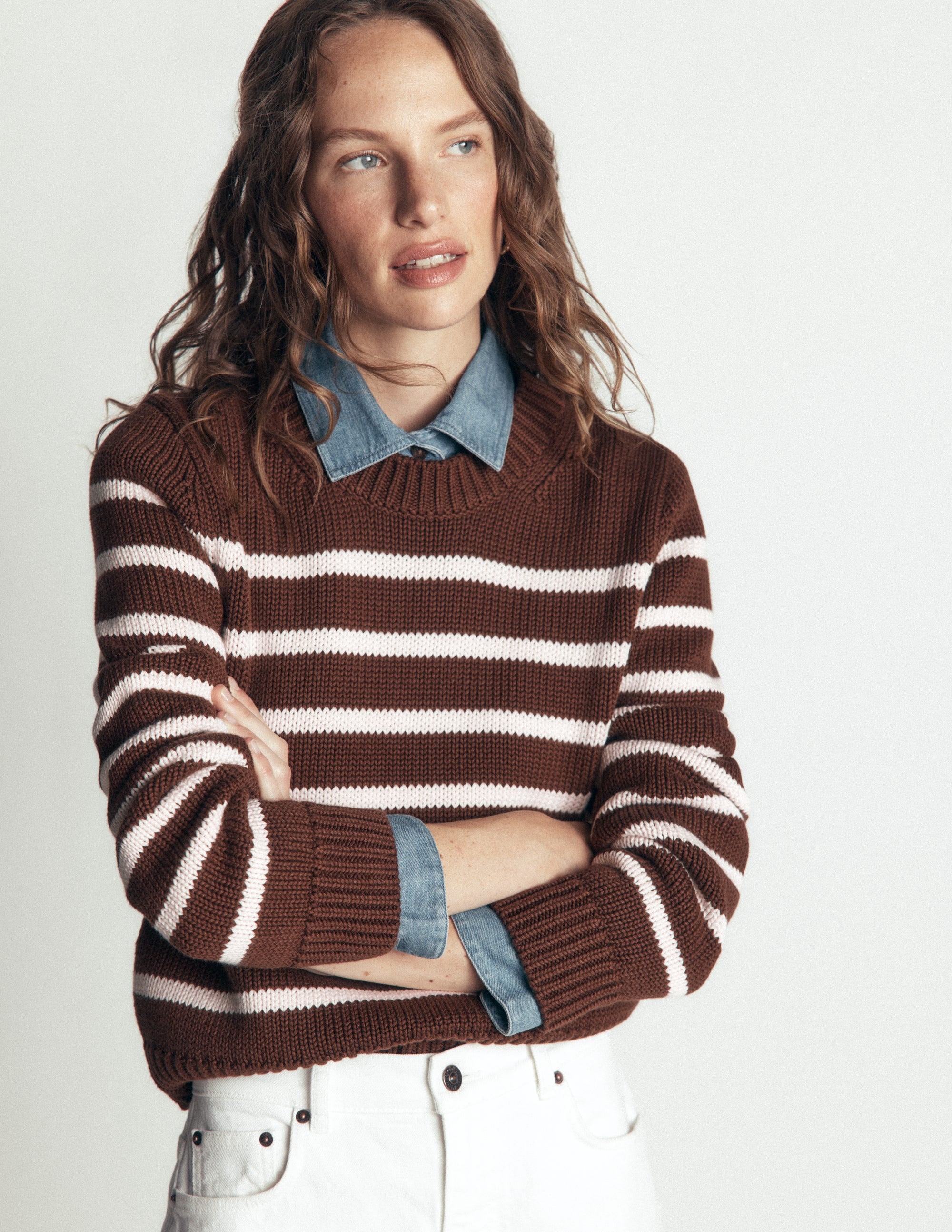 Lucy Chunky Cotton Jumper-brown, ivory stripe - Image 5