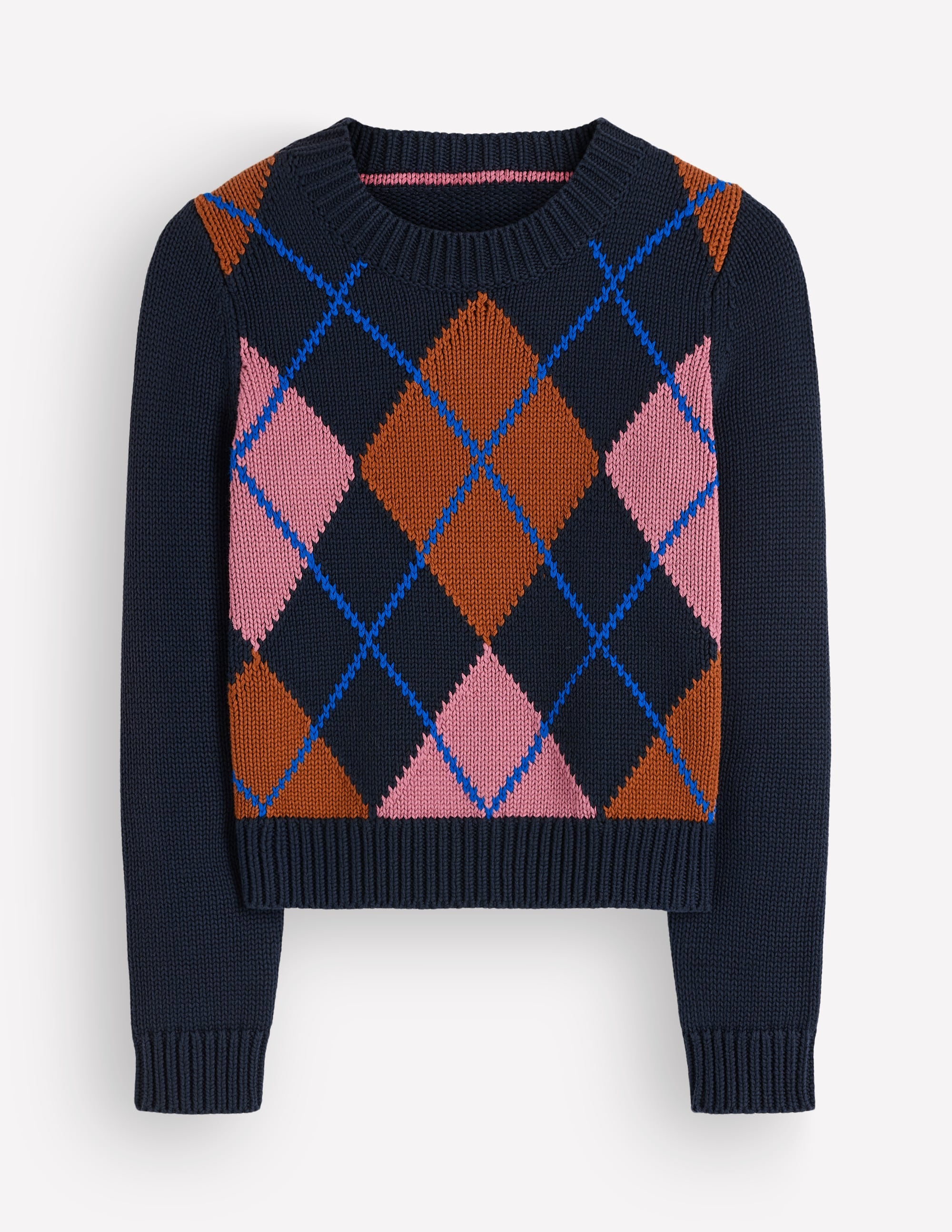 Lucy Chunky Cotton Jumper-navy, pink and brown argyle - Image 6