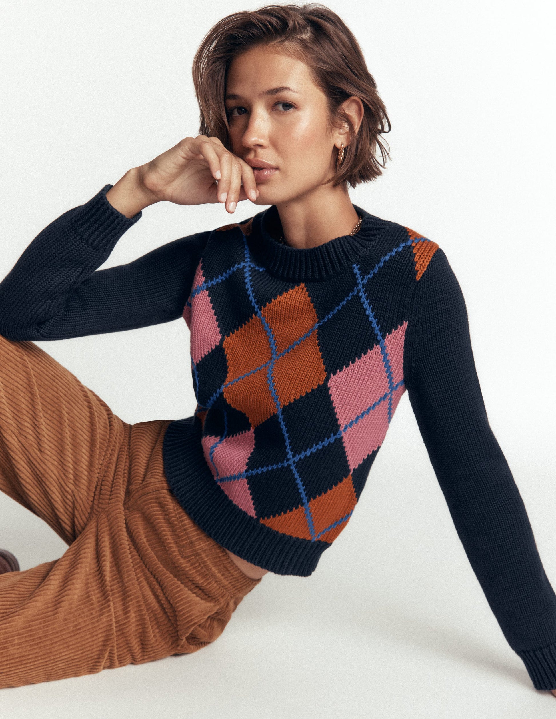 Lucy Chunky Cotton Jumper-navy, pink and brown argyle-3