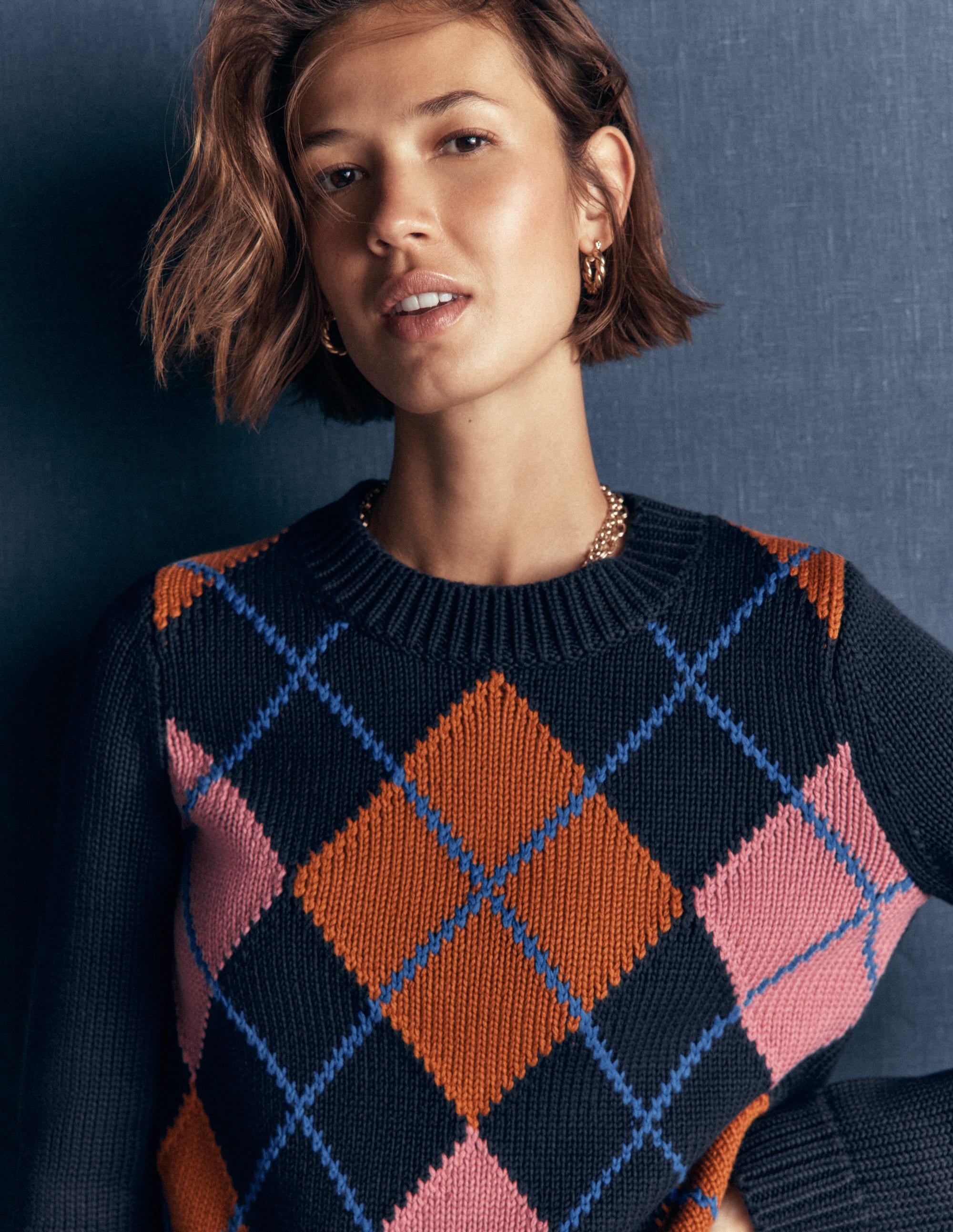 Lucy Chunky Cotton Jumper-navy, pink and brown argyle - Image 3