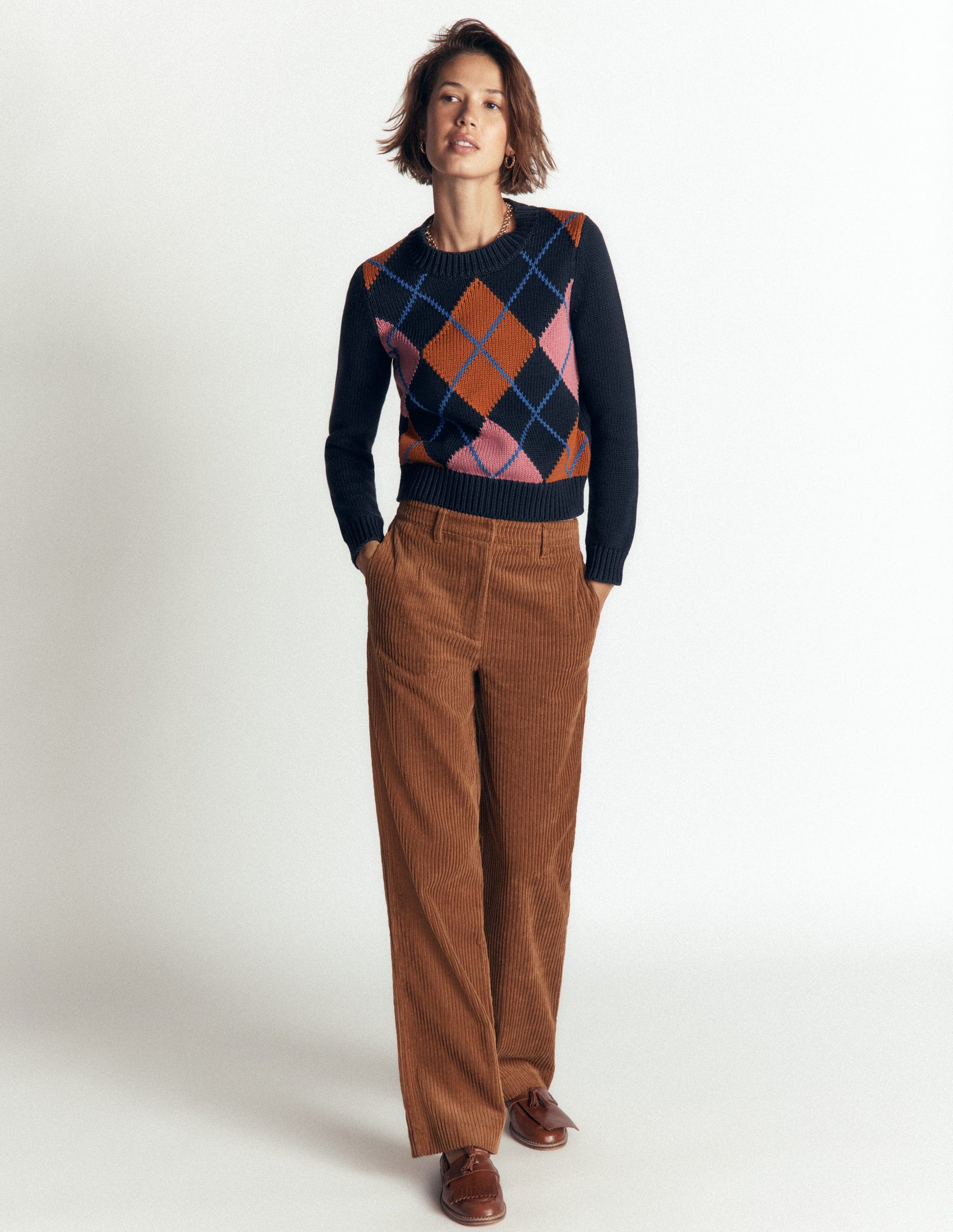 Lucy Chunky Cotton Jumper-navy, pink and brown argyle-6