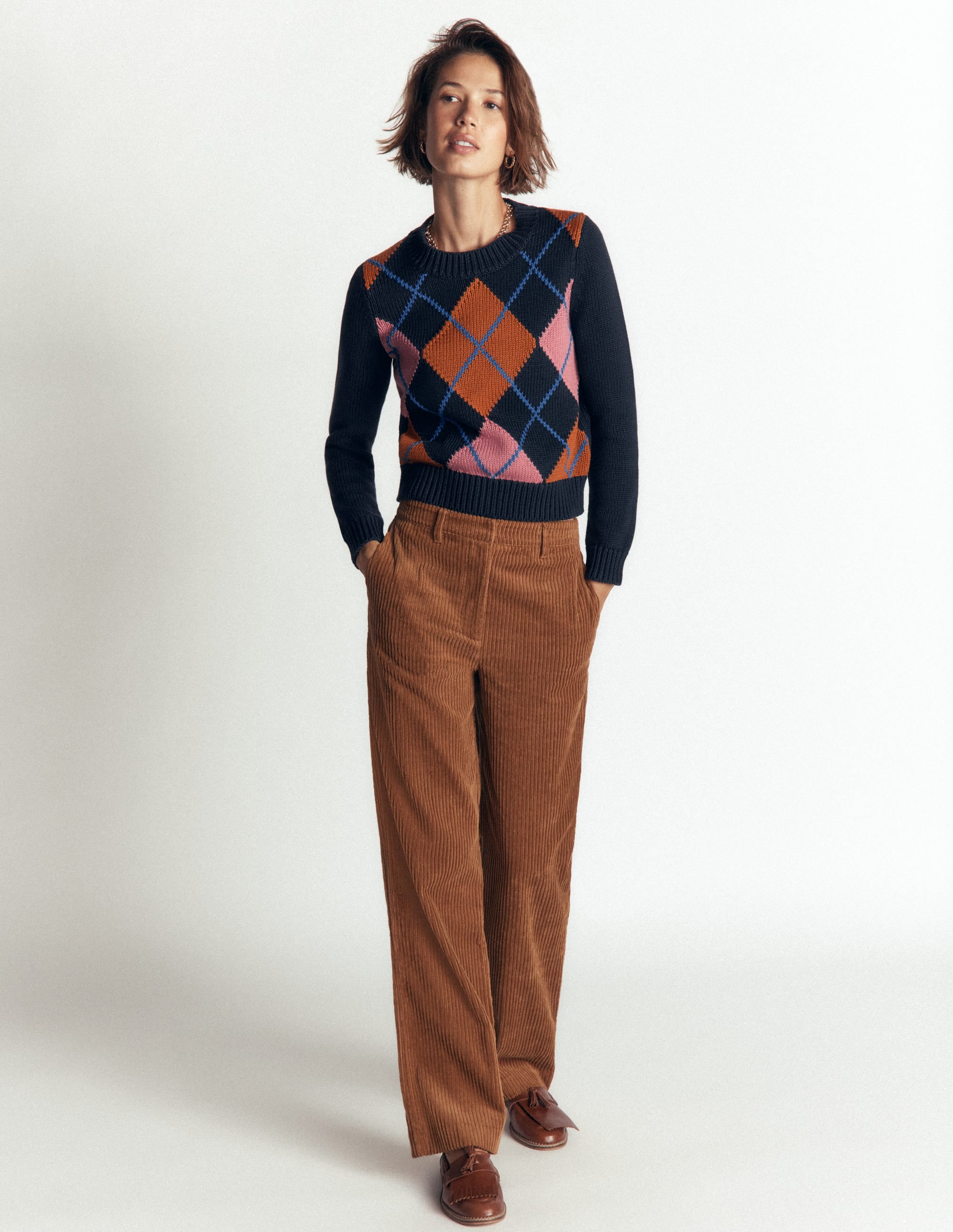 Lucy Chunky Cotton Jumper-navy, pink and brown argyle - Image 5
