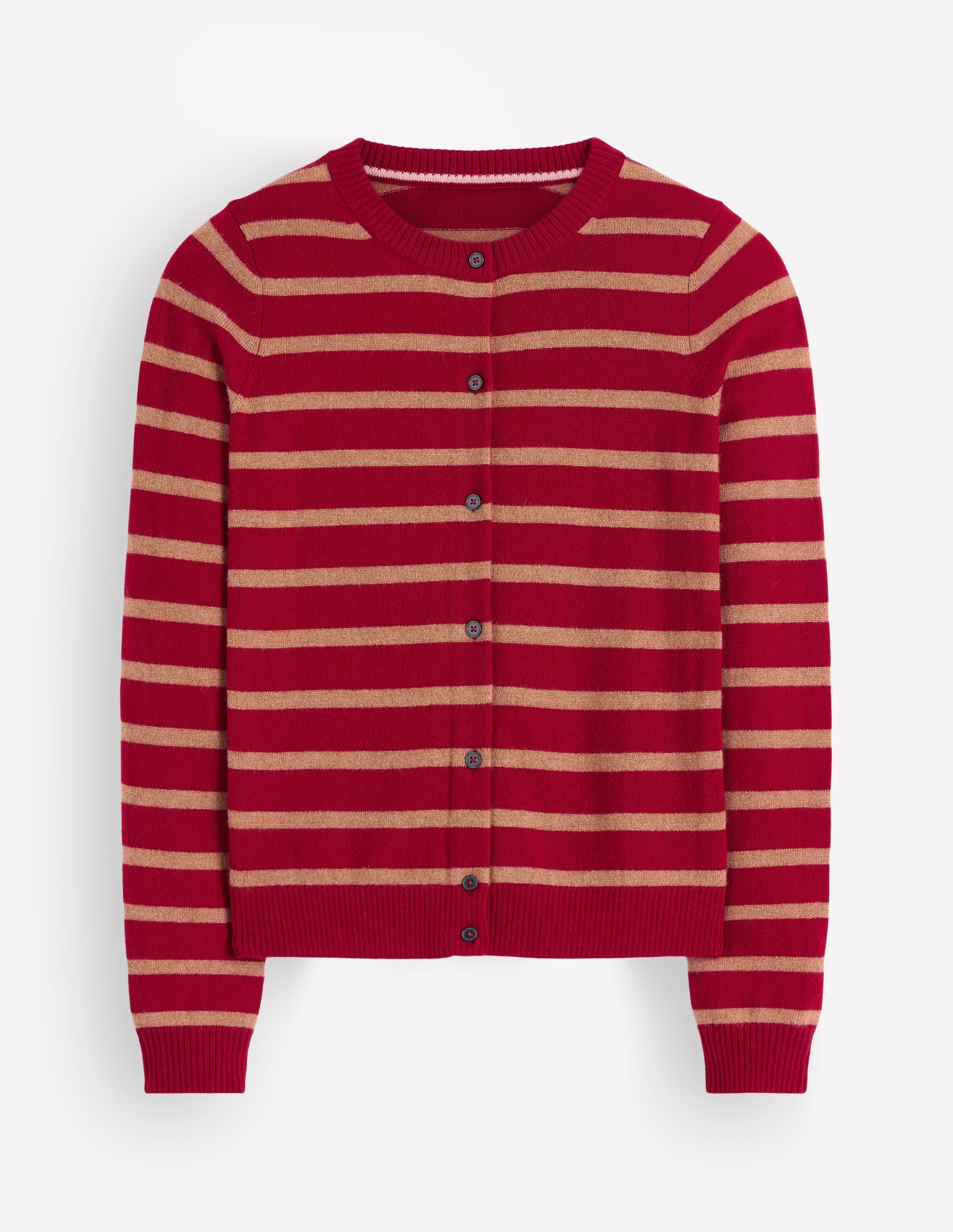 Elsie Cashmere Crew Cardigan-Poppy Red, Camel Stripe - Image 8