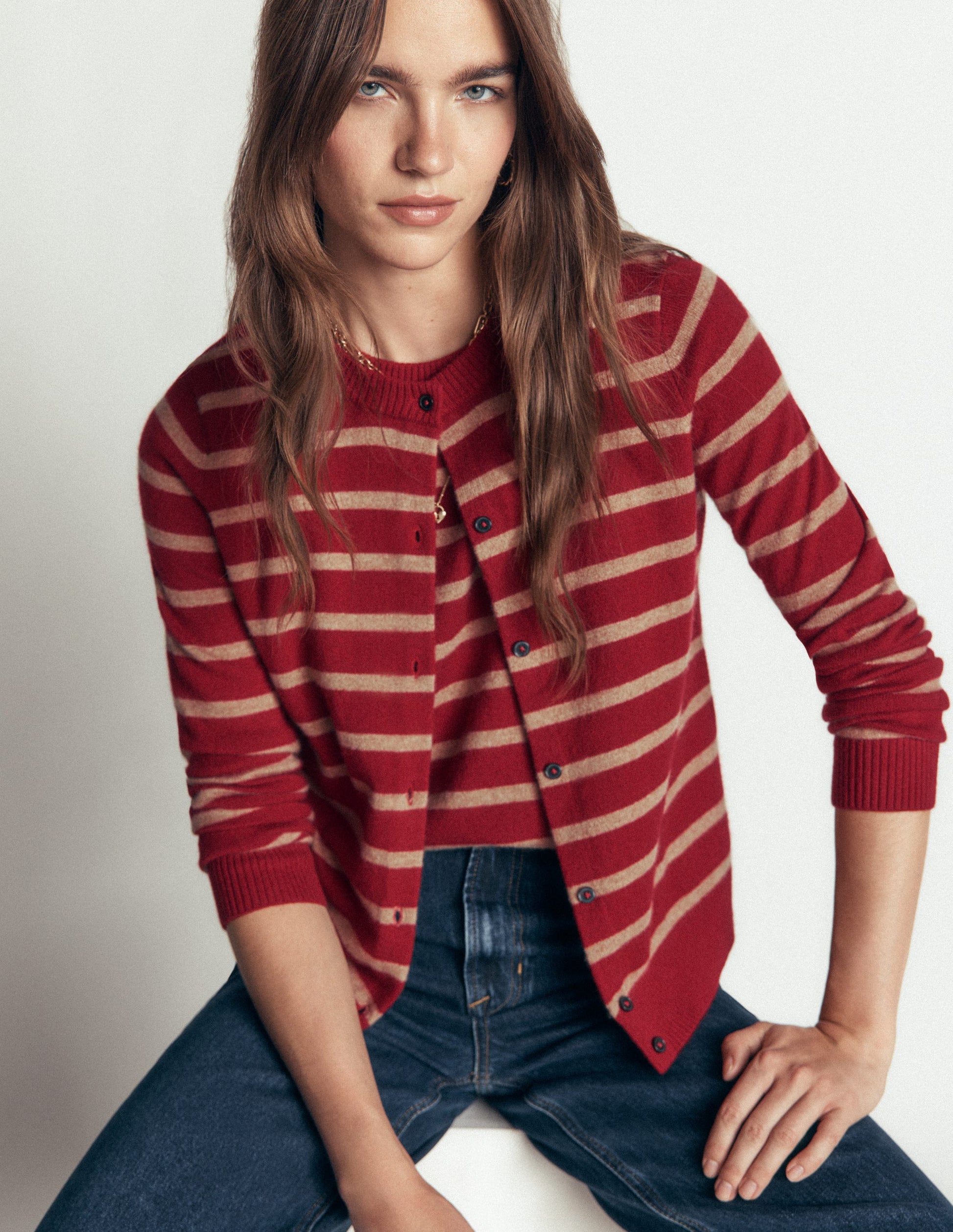 Elsie Cashmere Crew Cardigan-Poppy Red, Camel Stripe-2