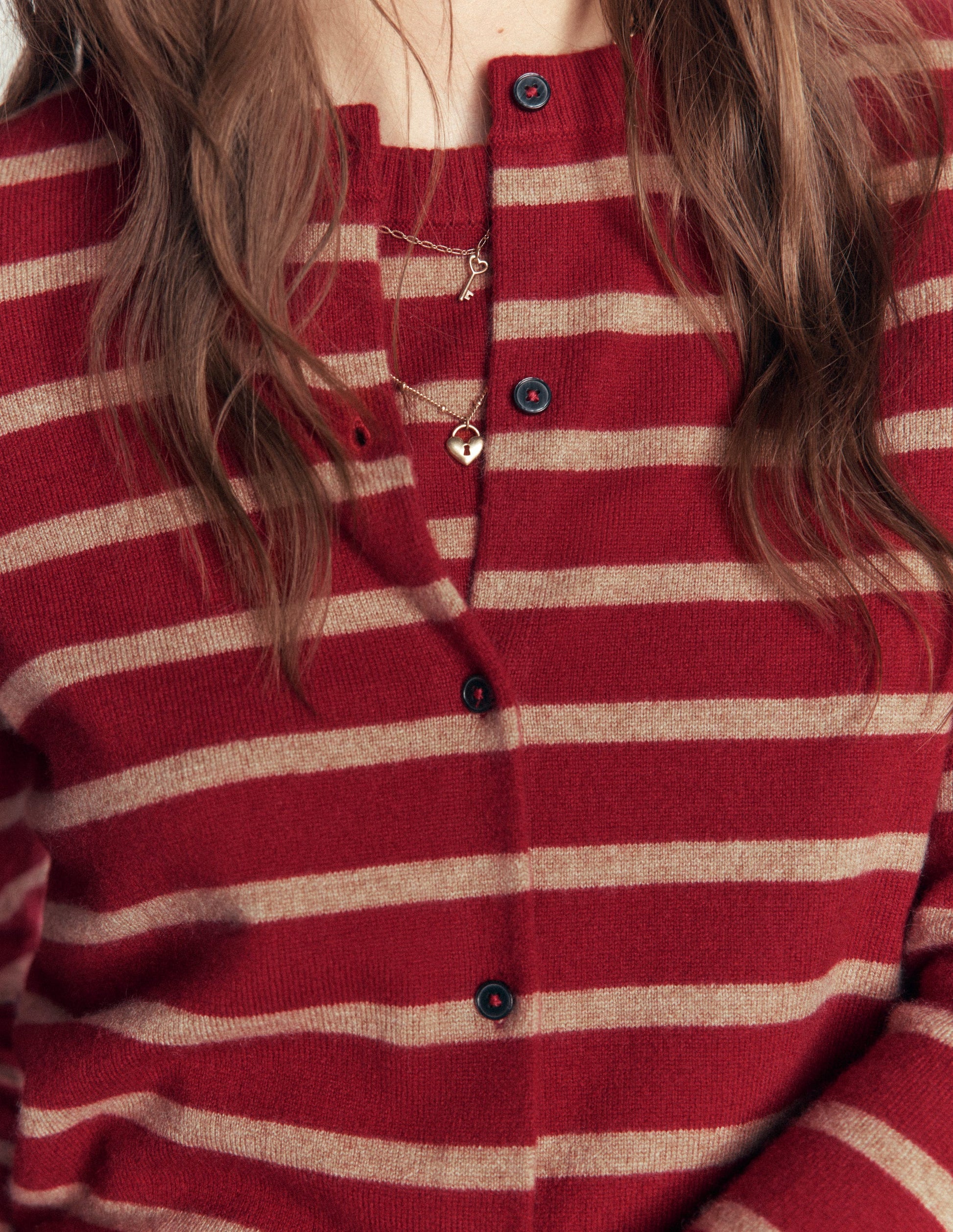 Elsie Cashmere Crew Cardigan-Poppy Red, Camel Stripe-3